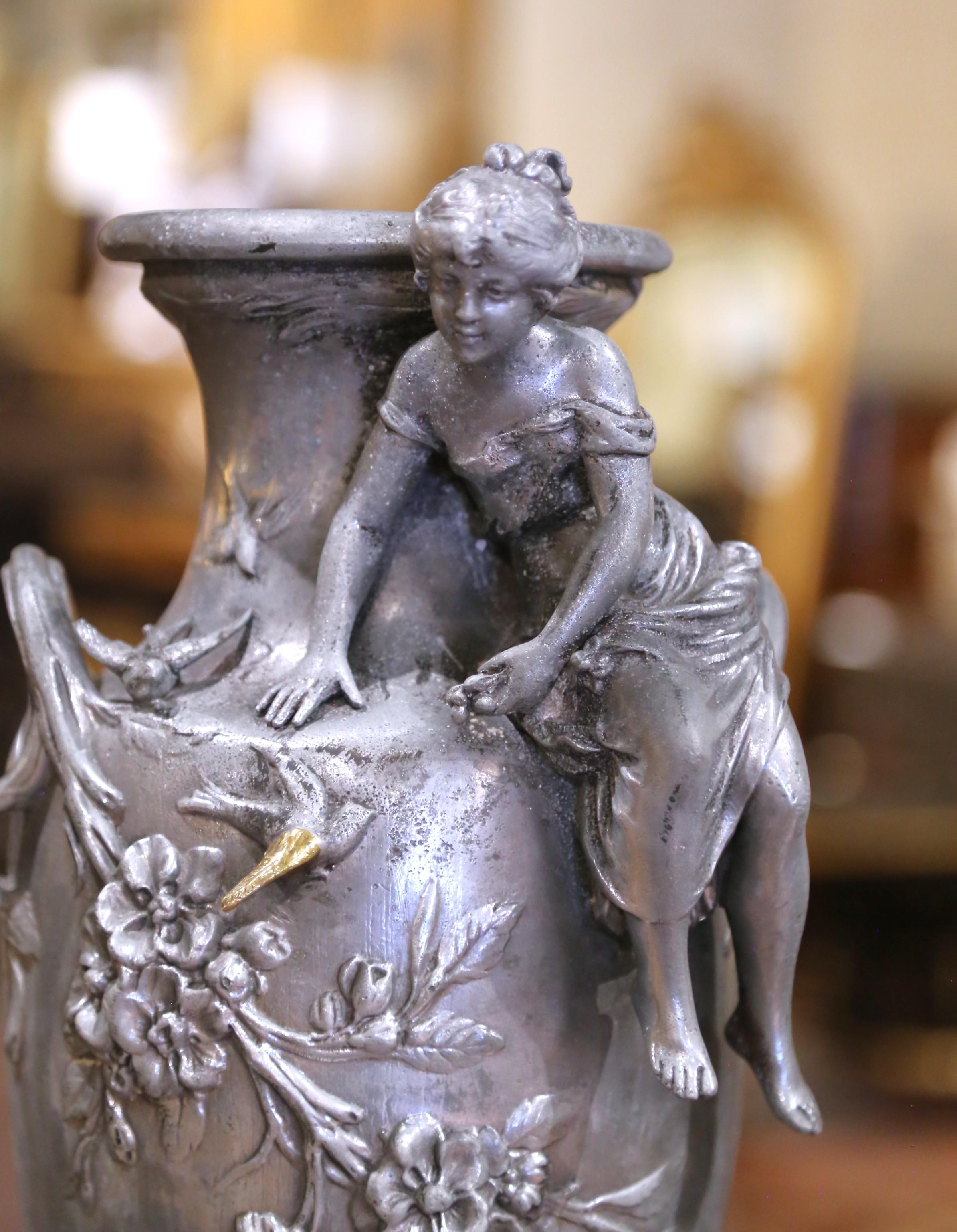 Italian Pair of 19th Century French Pewter Vases on Marble Bases with Figural Maidens For Sale