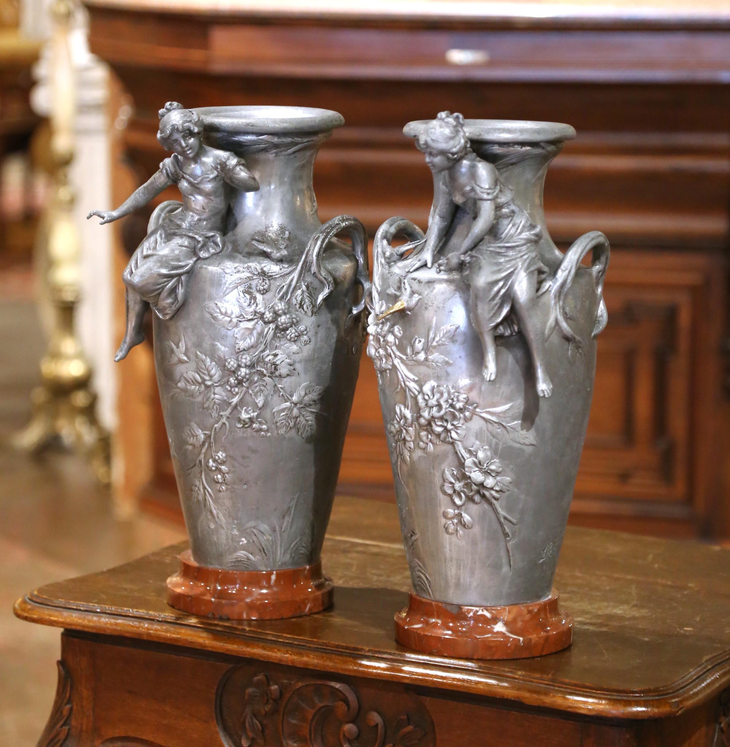 Hand-Carved Pair of 19th Century French Pewter Vases on Marble Bases with Figural Maidens For Sale