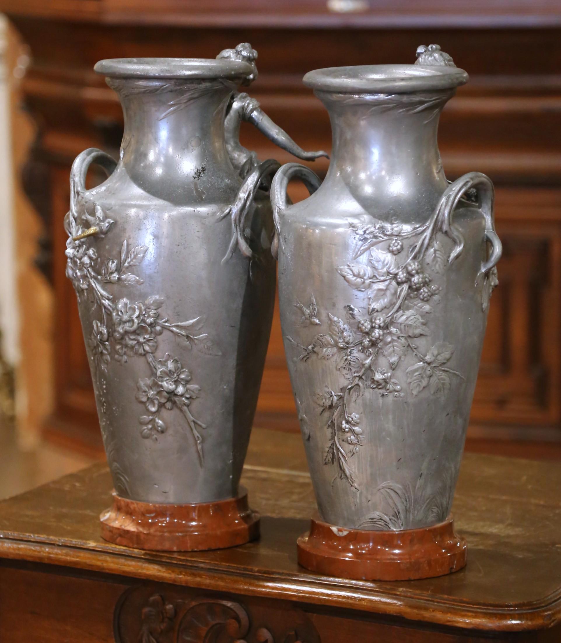 Pair of 19th Century French Pewter Vases on Marble Bases with Figural Maidens In Excellent Condition For Sale In Dallas, TX