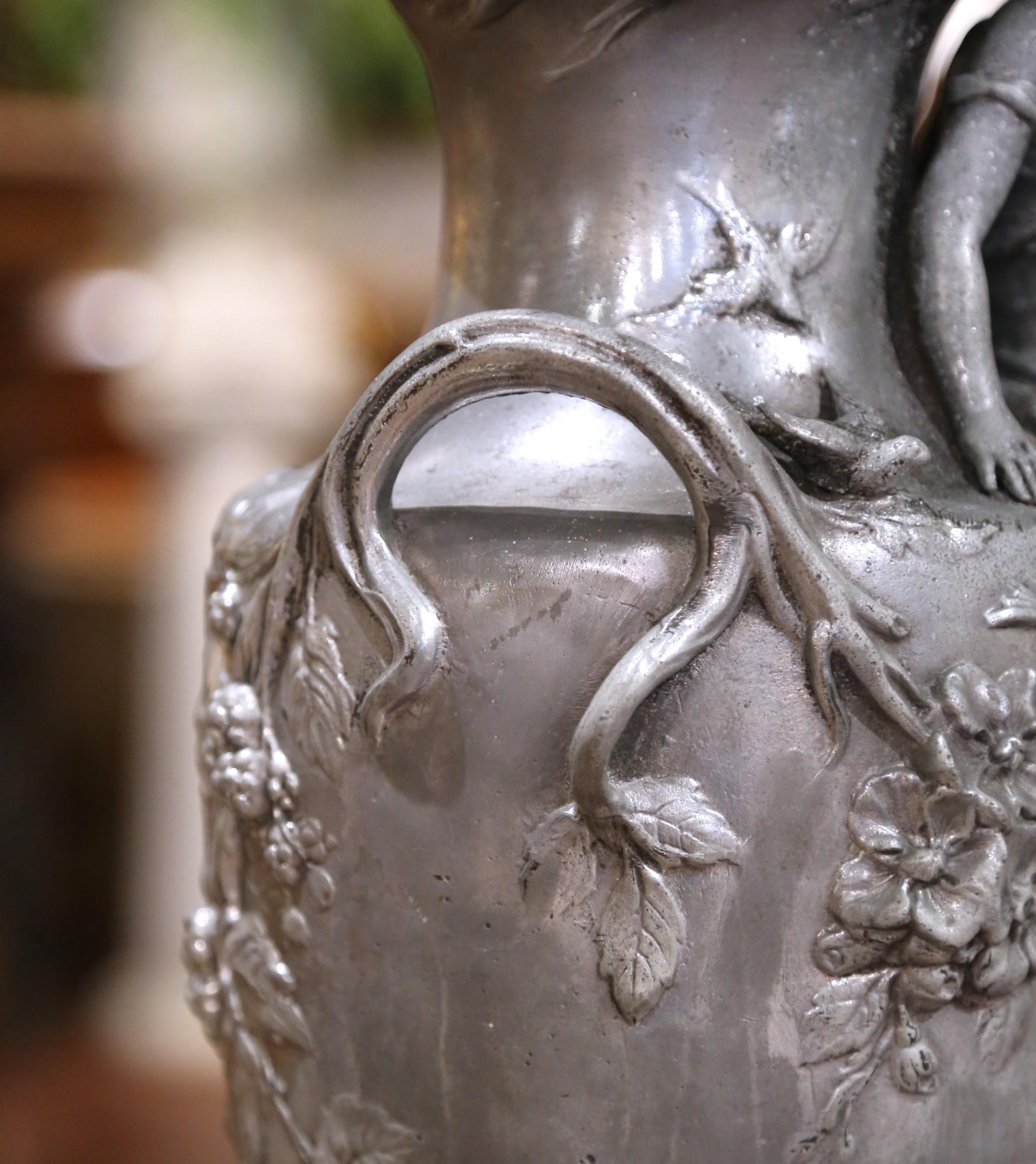 Pair of 19th Century French Pewter Vases on Marble Bases with Figural Maidens For Sale 2