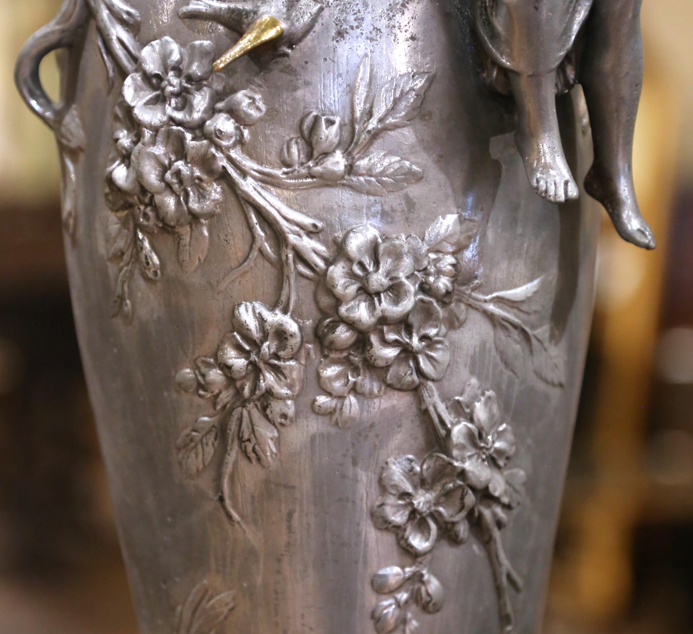 Pair of 19th Century French Pewter Vases on Marble Bases with Figural Maidens For Sale 3
