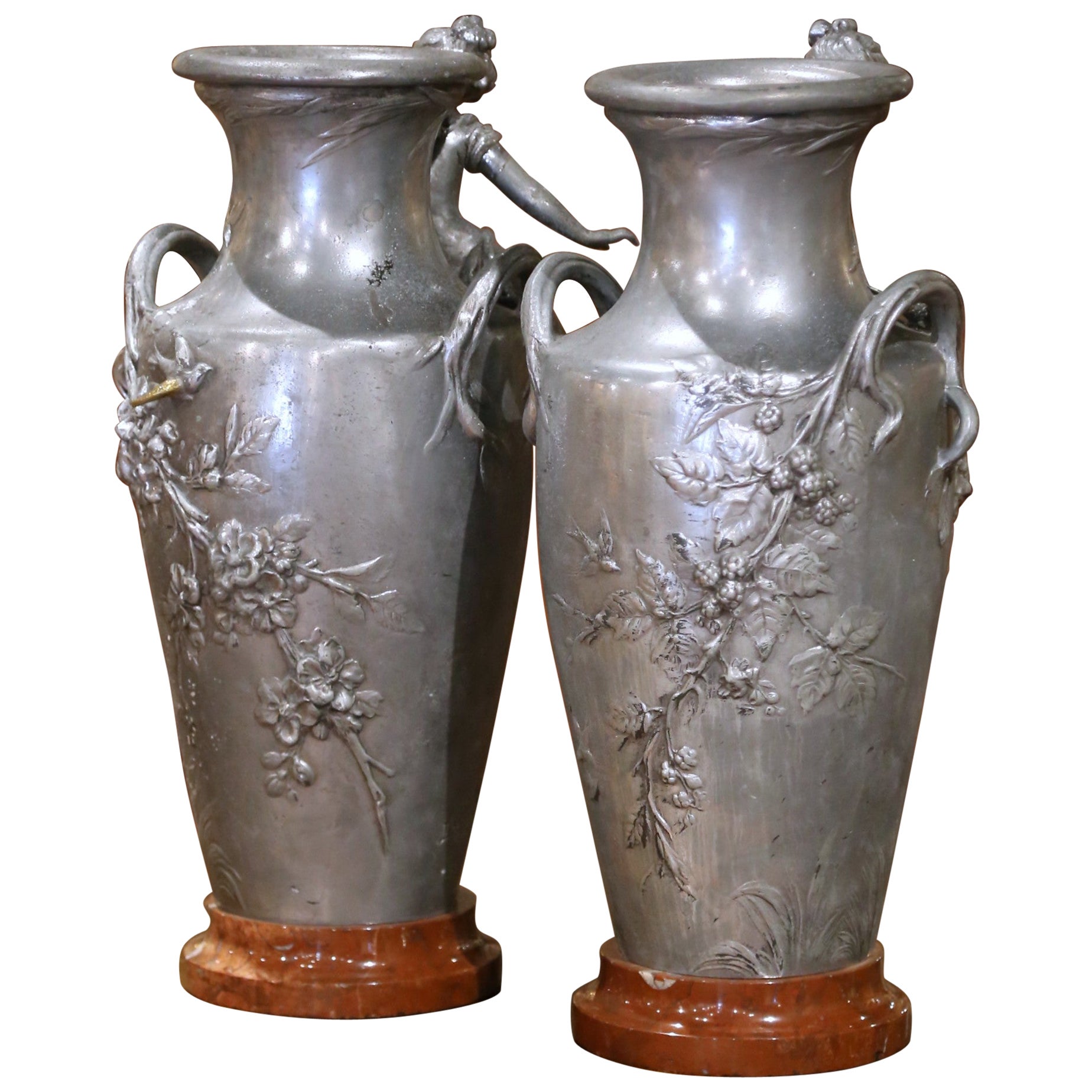 Pair of 19th Century French Pewter Vases on Marble Bases with Figural Maidens For Sale