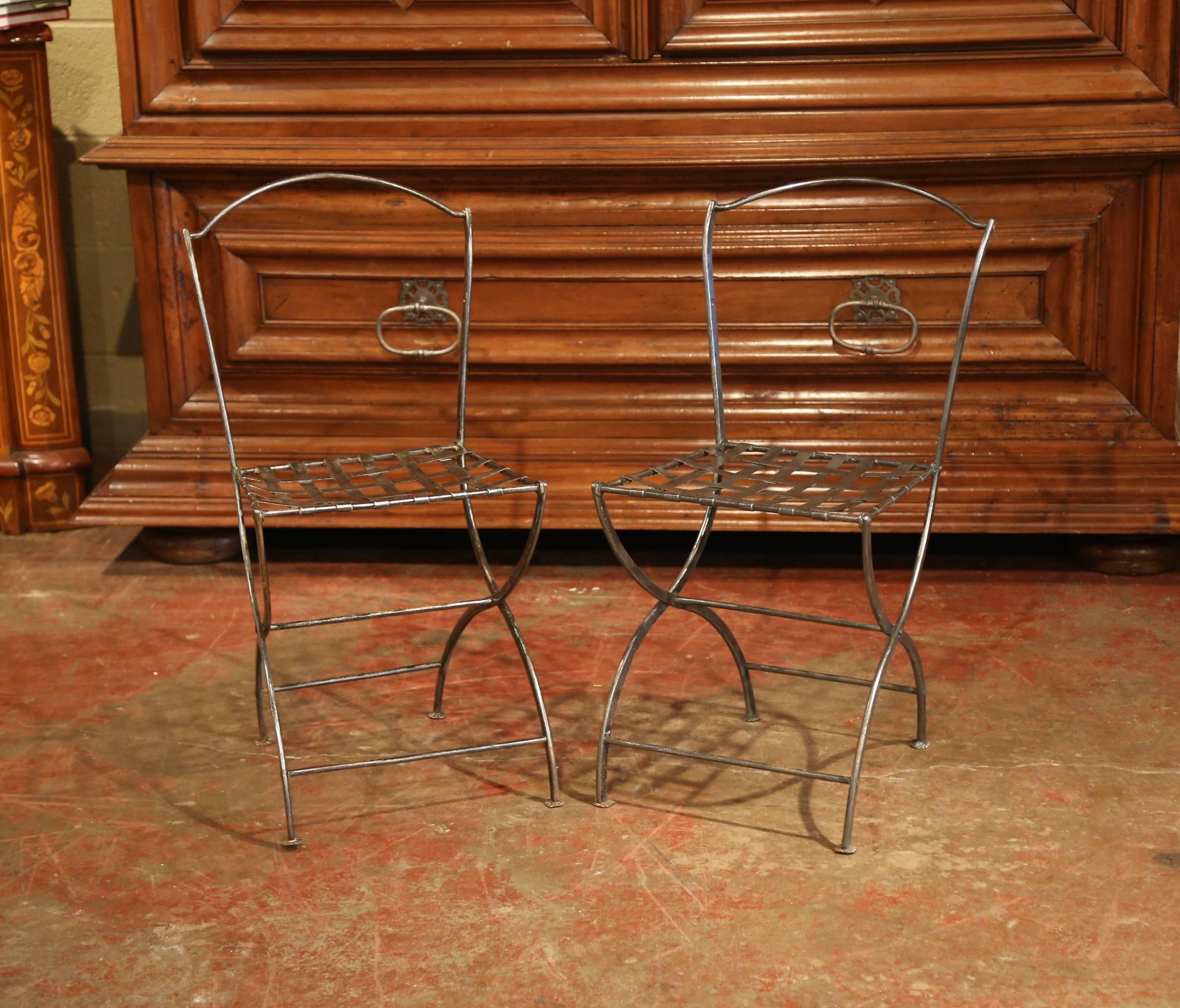 Pair of 19th Century French Polished Iron Bistrot Chairs from Paris 1
