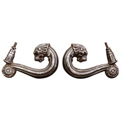 Pair of 19th Century French Polished Iron Front Door Knockers with Lion Figures