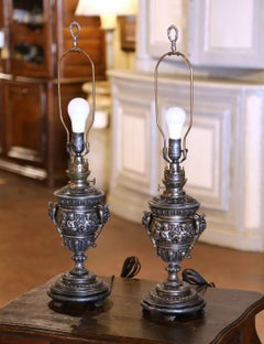 Pair of 19th Century French Polished Repousse Urn-Shaped Table Oil Lamps