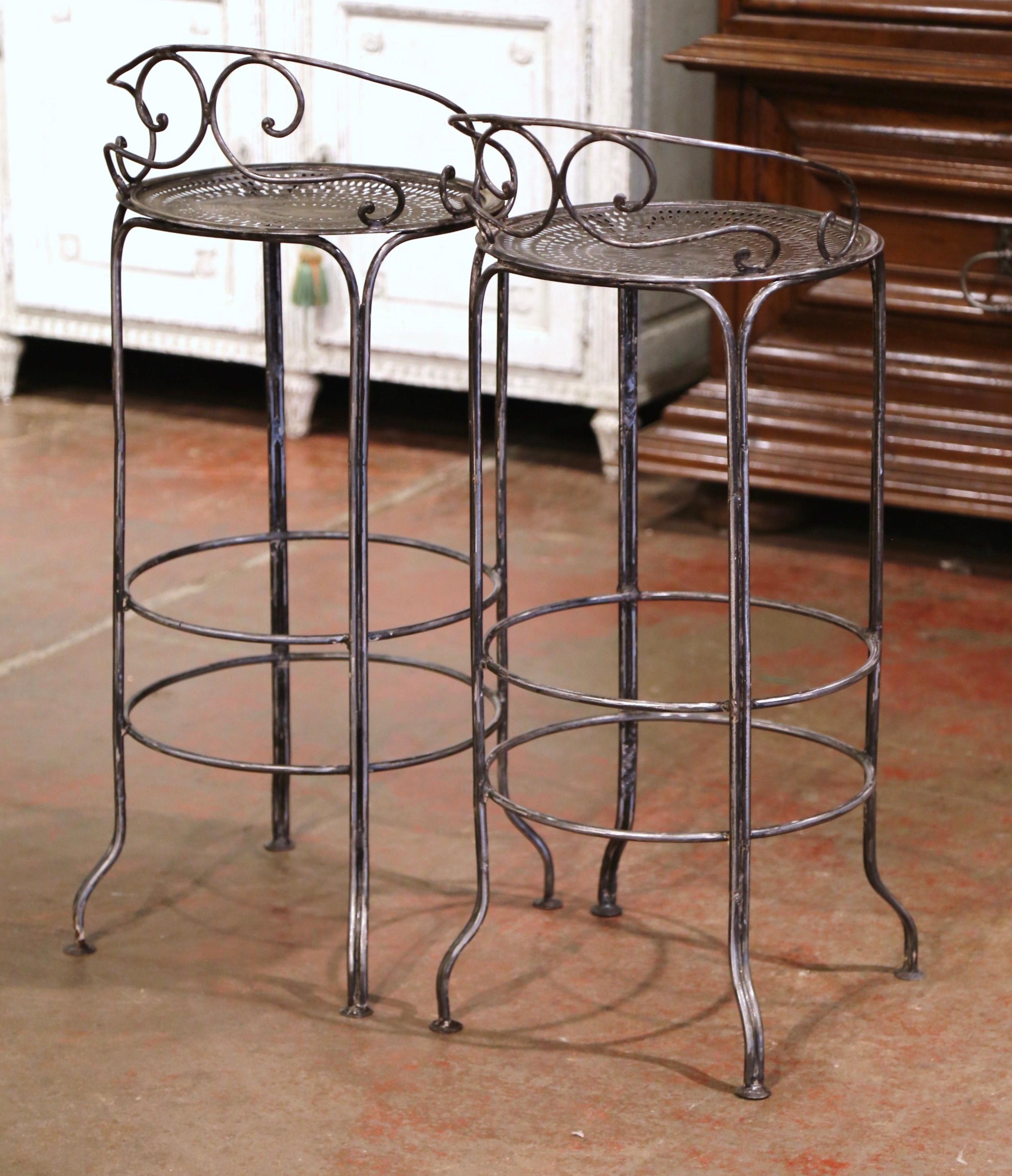 Pair of 19th Century French Polished Wrought Iron Outdoor Garden Bar Stools 7