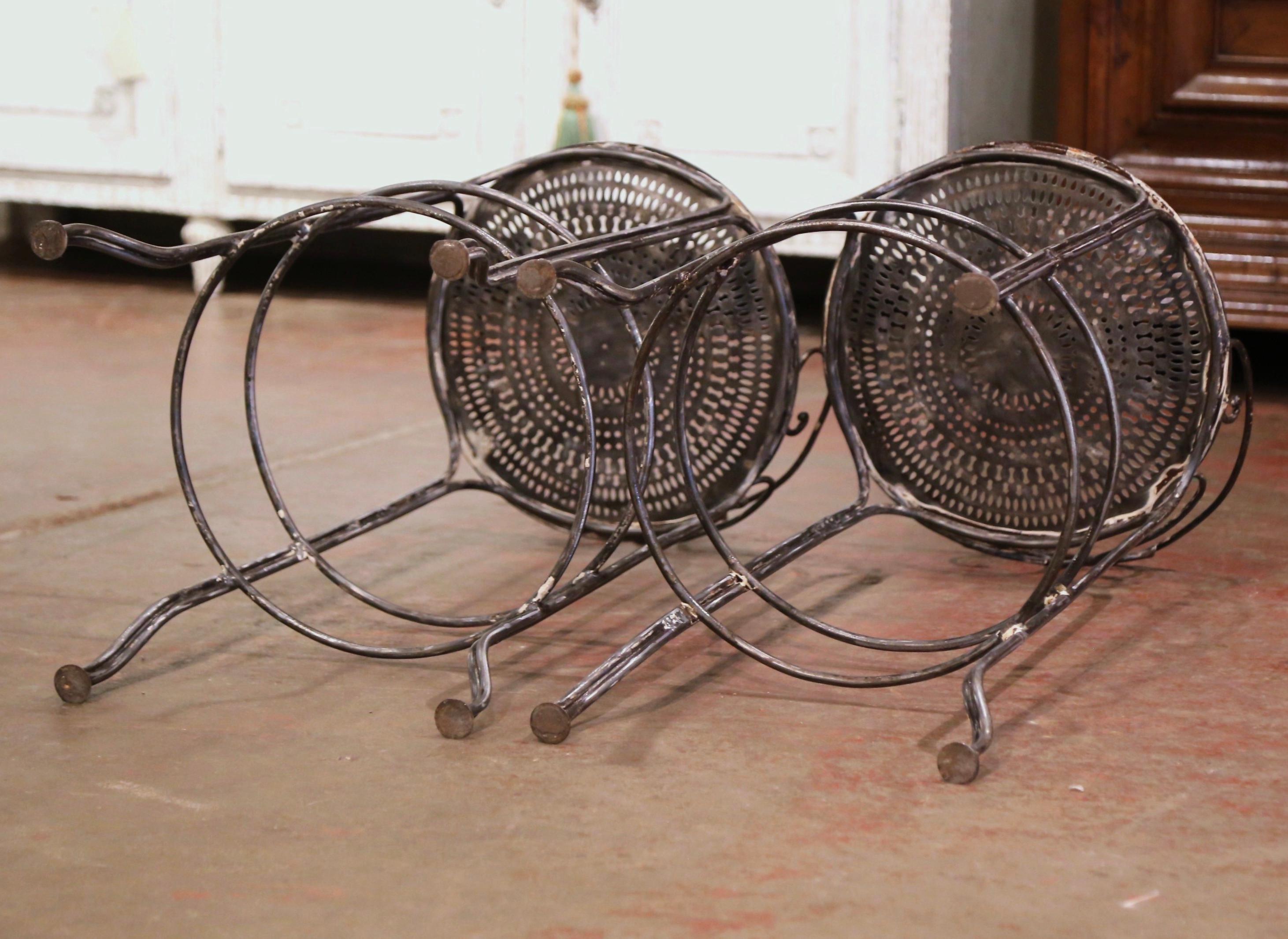 Pair of 19th Century French Polished Wrought Iron Outdoor Garden Bar Stools 8