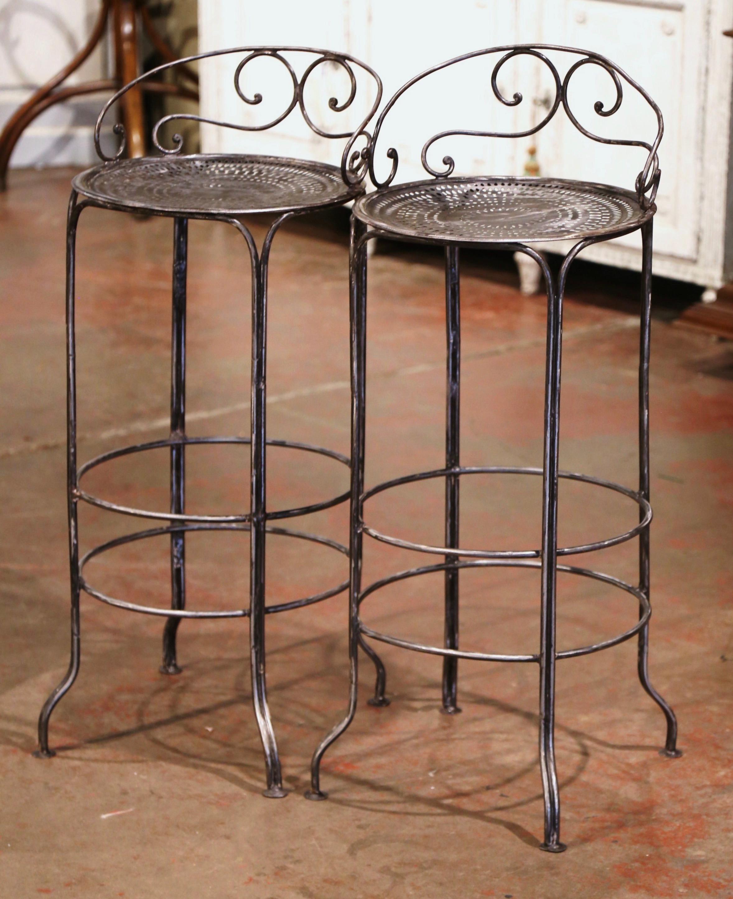 Pair of 19th Century French Polished Wrought Iron Outdoor Garden Bar Stools 1