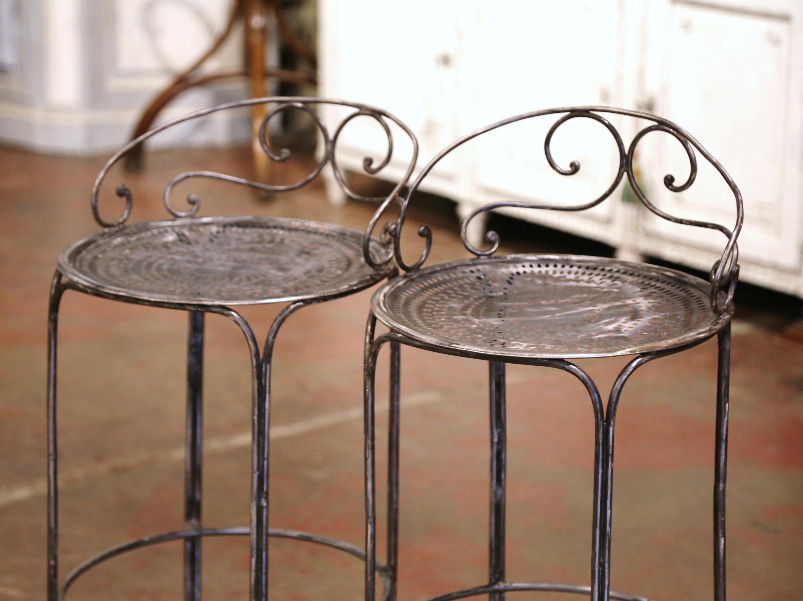 Pair of 19th Century French Polished Wrought Iron Outdoor Garden Bar Stools 2