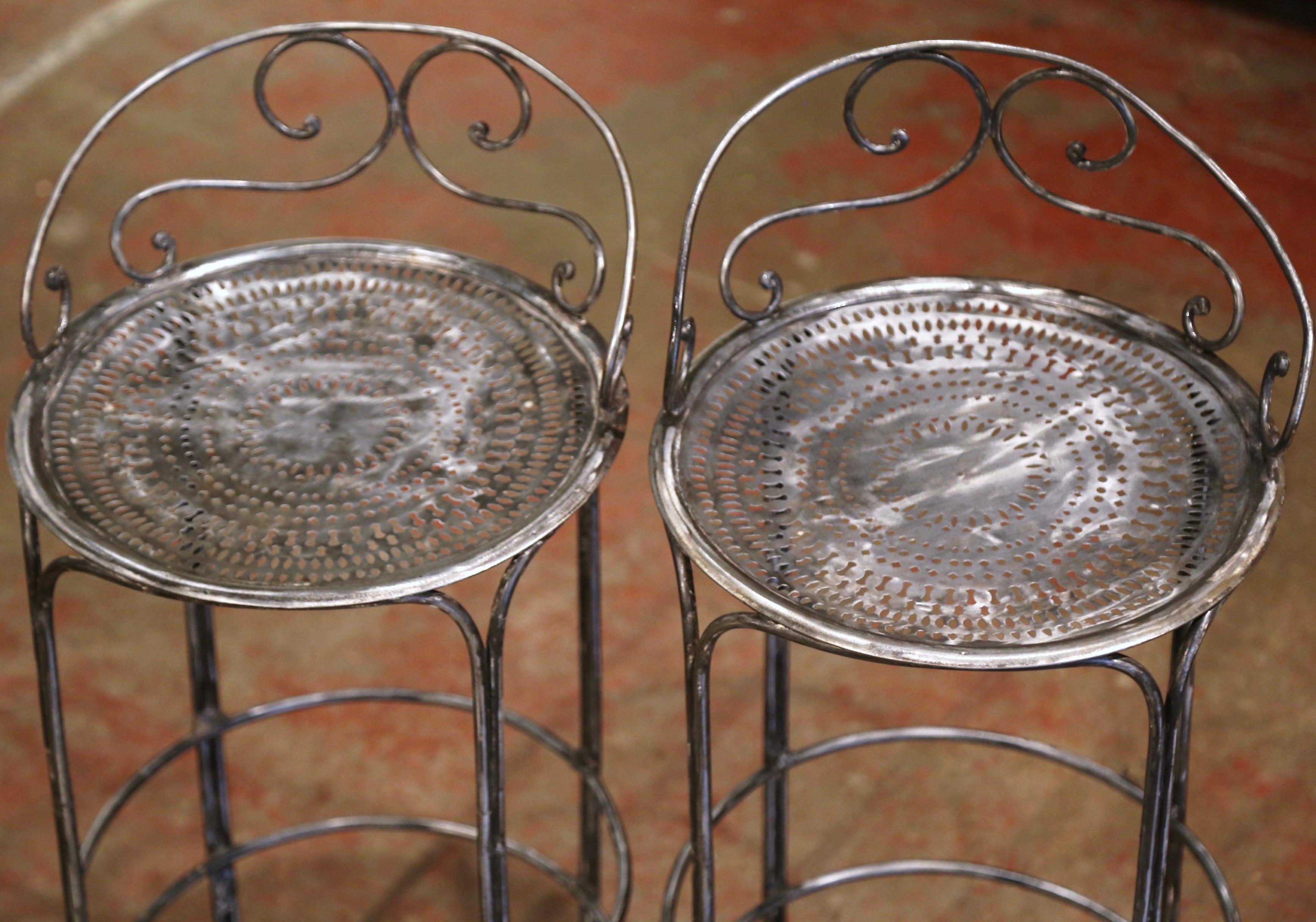 Pair of 19th Century French Polished Wrought Iron Outdoor Garden Bar Stools 3