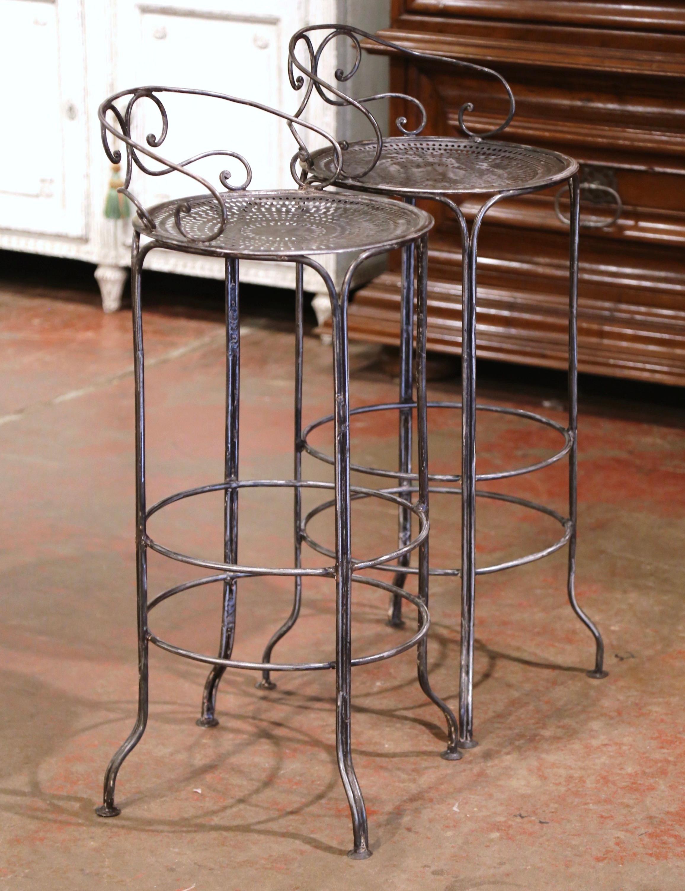 Pair of 19th Century French Polished Wrought Iron Outdoor Garden Bar Stools 5