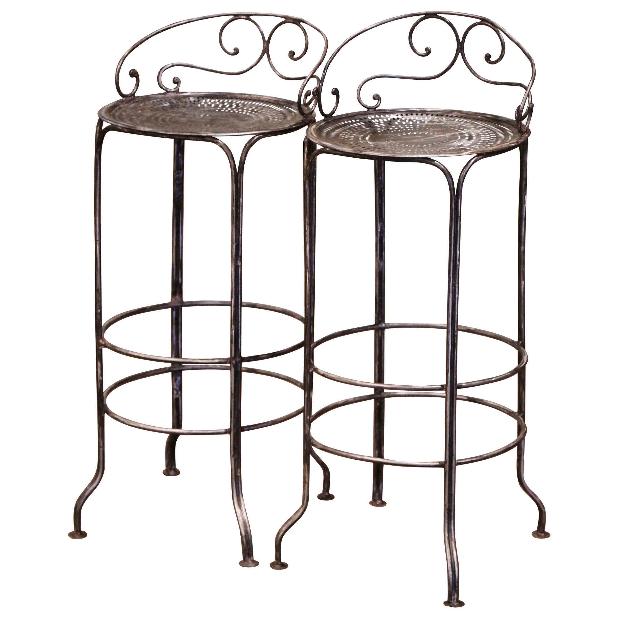 Pair of 19th Century French Polished Wrought Iron Outdoor Garden Bar Stools