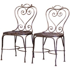 Antique Pair of 19th Century French Polished Wrought Iron Outdoor Garden Chairs