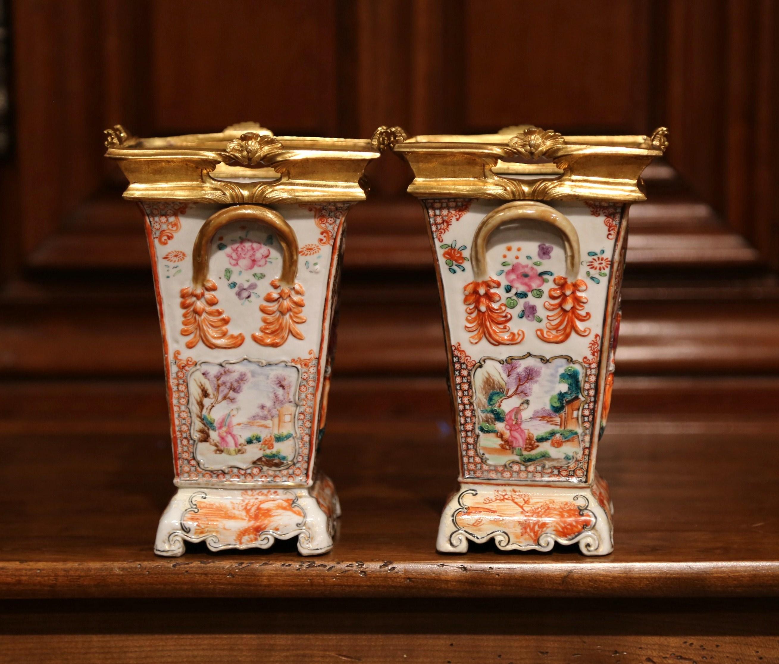 Pair of 19th Century French Porcelain and Gilt Bronze Mandarin Palette Vases  1