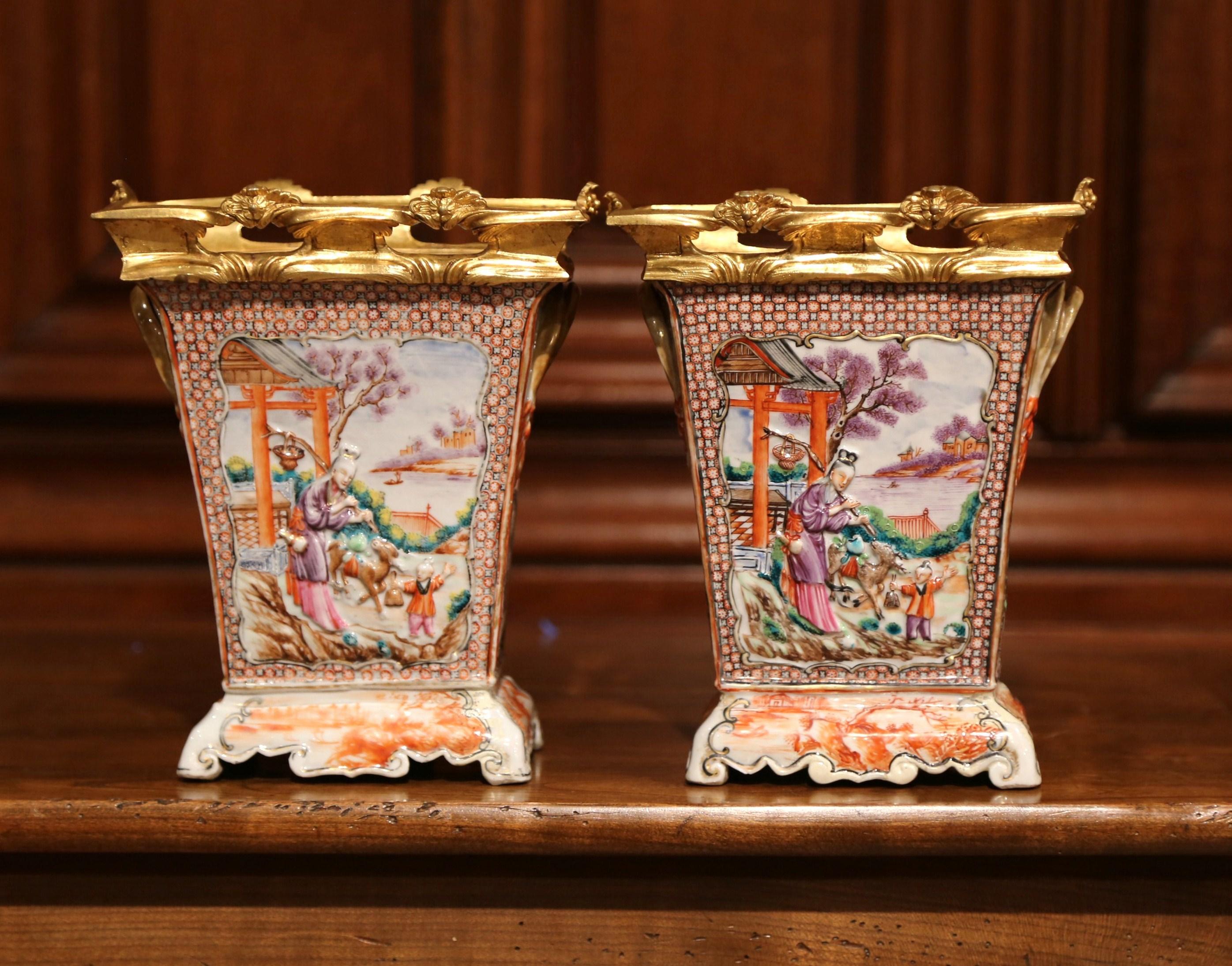 Pair of 19th Century French Porcelain and Gilt Bronze Mandarin Palette Vases  2