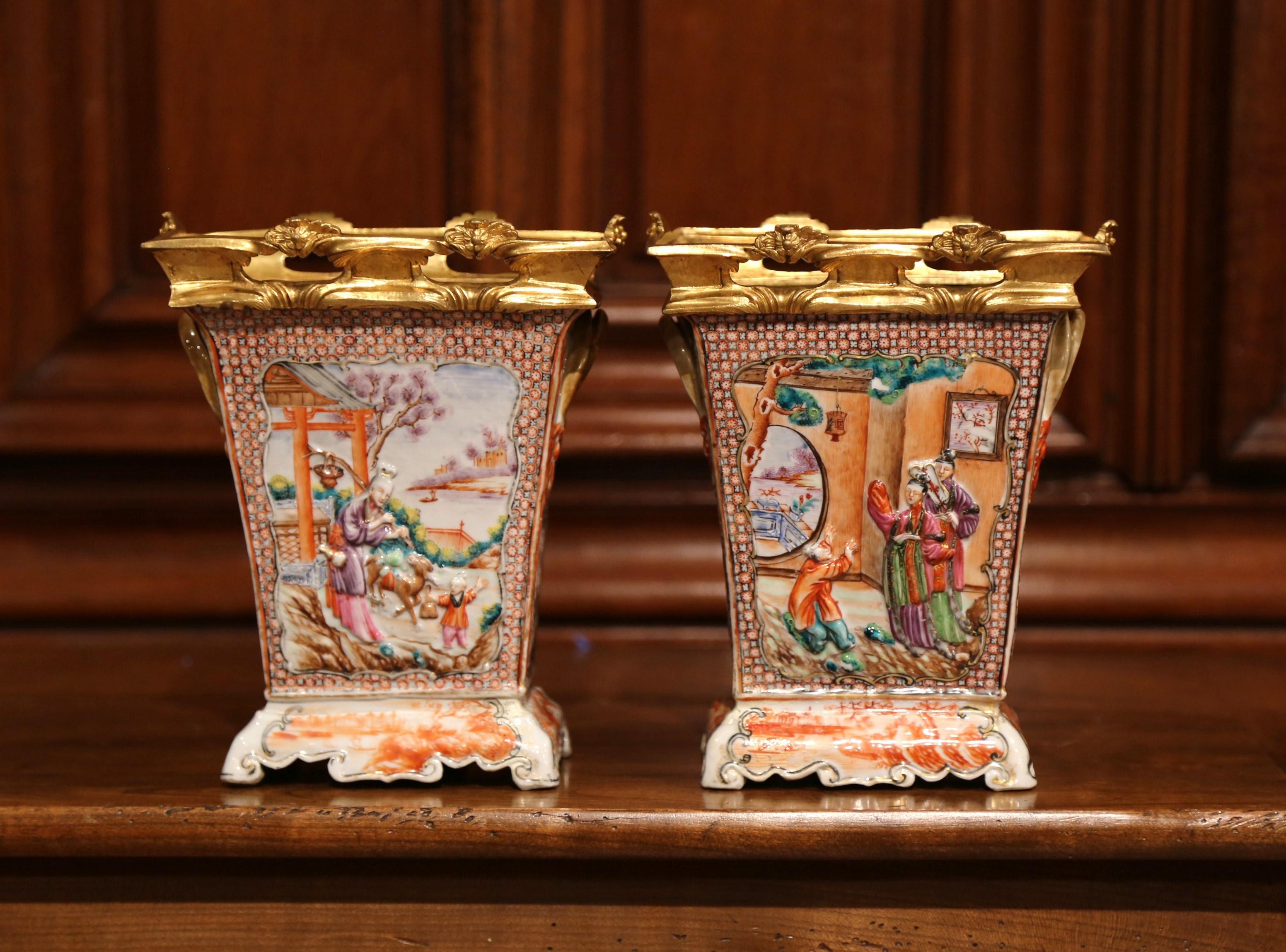 Pair of 19th Century French Porcelain and Gilt Bronze Mandarin Palette Vases  3