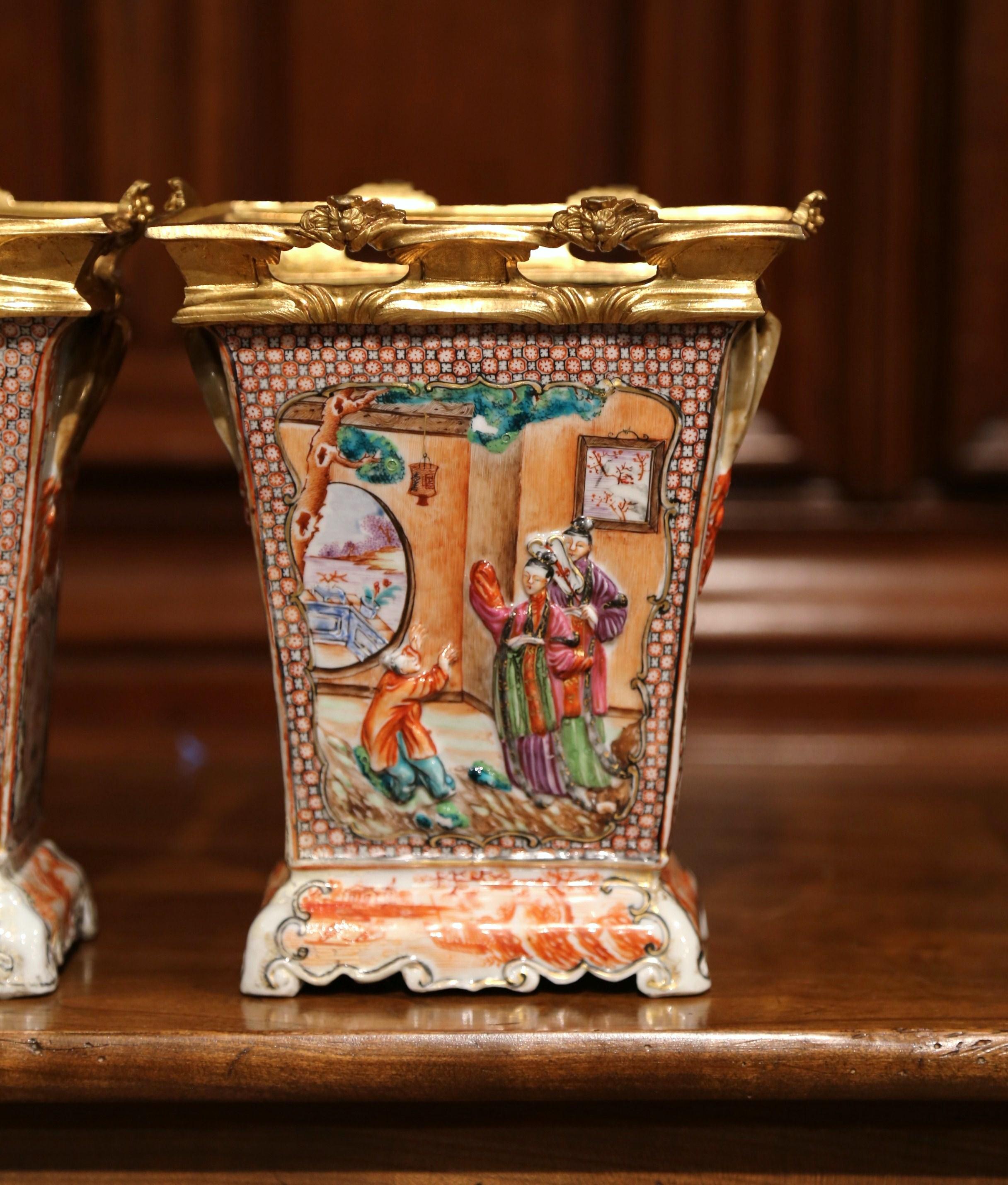 Pair of 19th Century French Porcelain and Gilt Bronze Mandarin Palette Vases  5