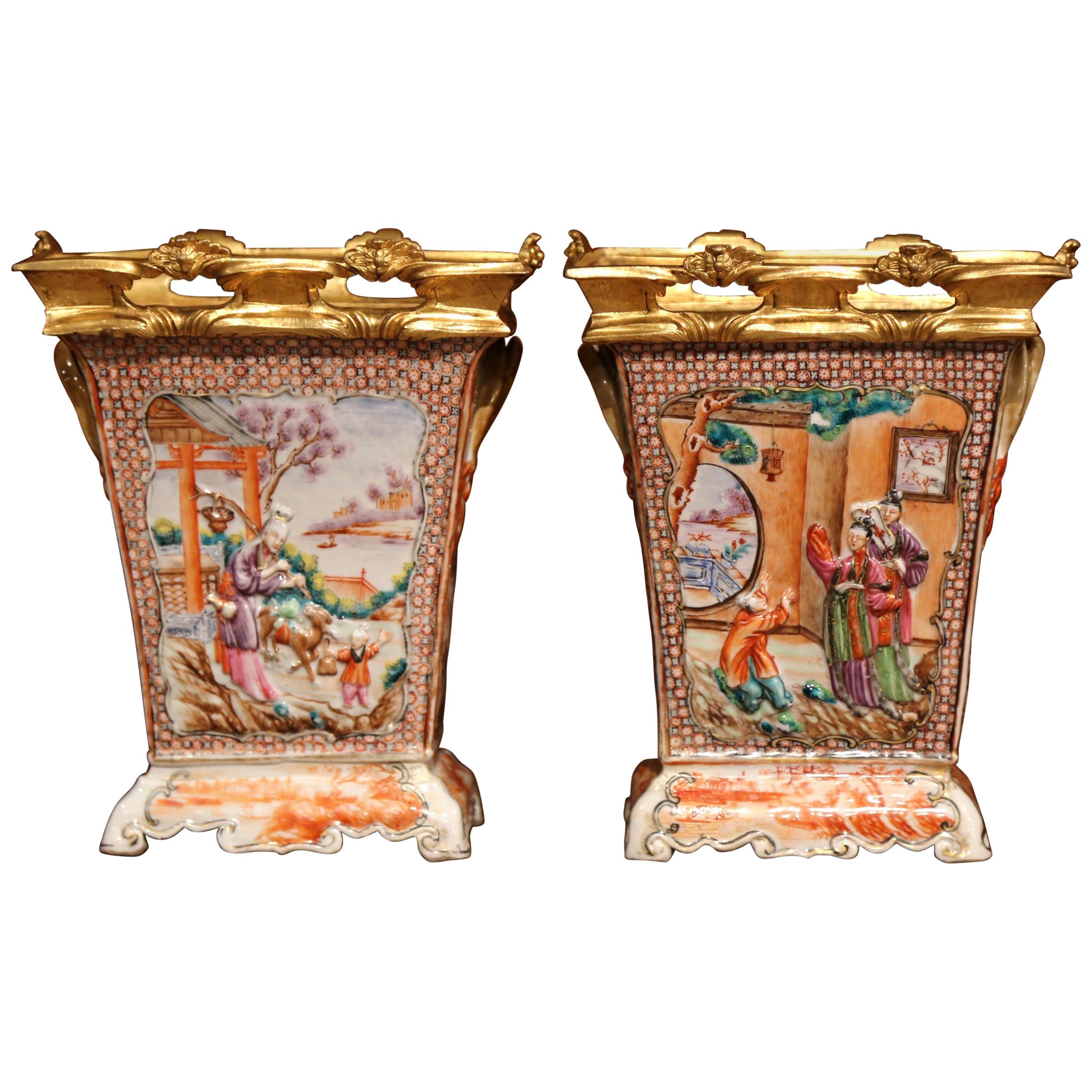 Pair of 19th Century French Porcelain and Gilt Bronze Mandarin Palette Vases 