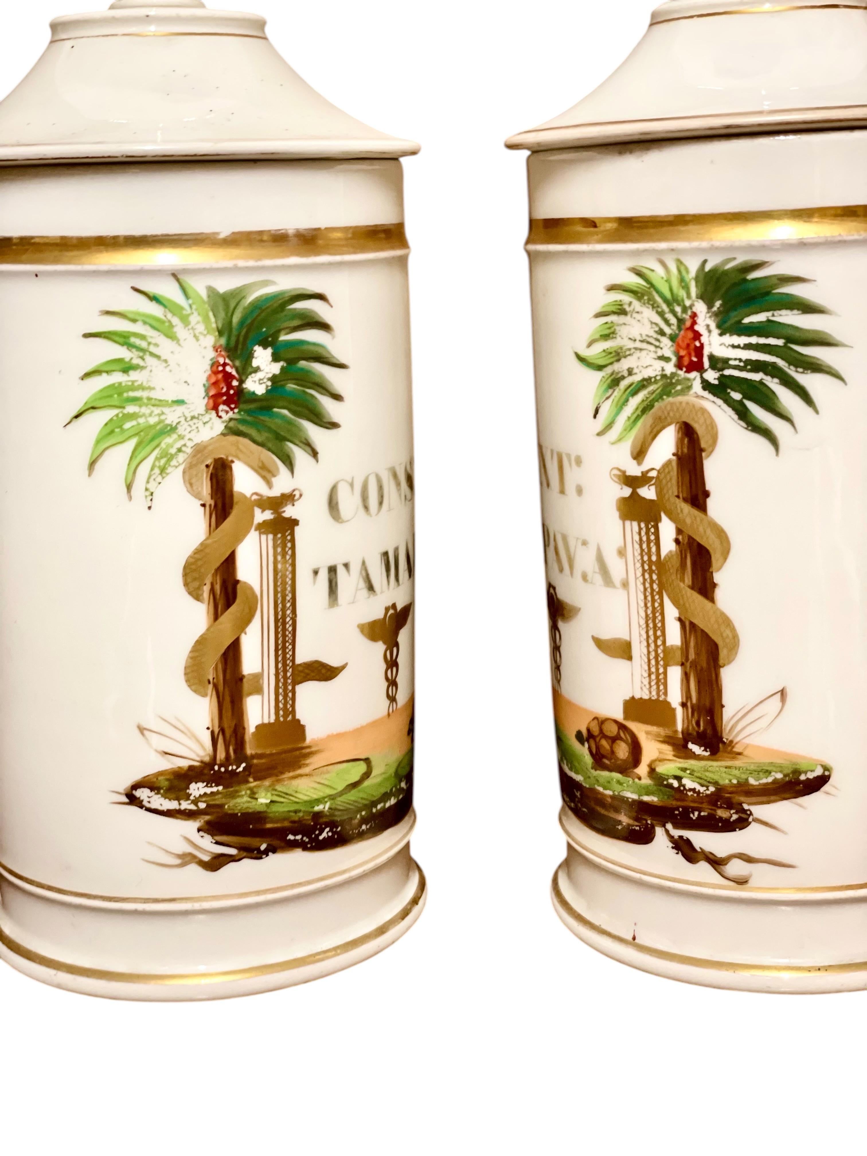 This beautiful pair of 19th century French porcelain apothecary jars exemplifies the artistry and craftsmanship of early pharmacy containers. Each jar features a slightly domed lid with a round finial, delicately highlighted with gilt accents. The