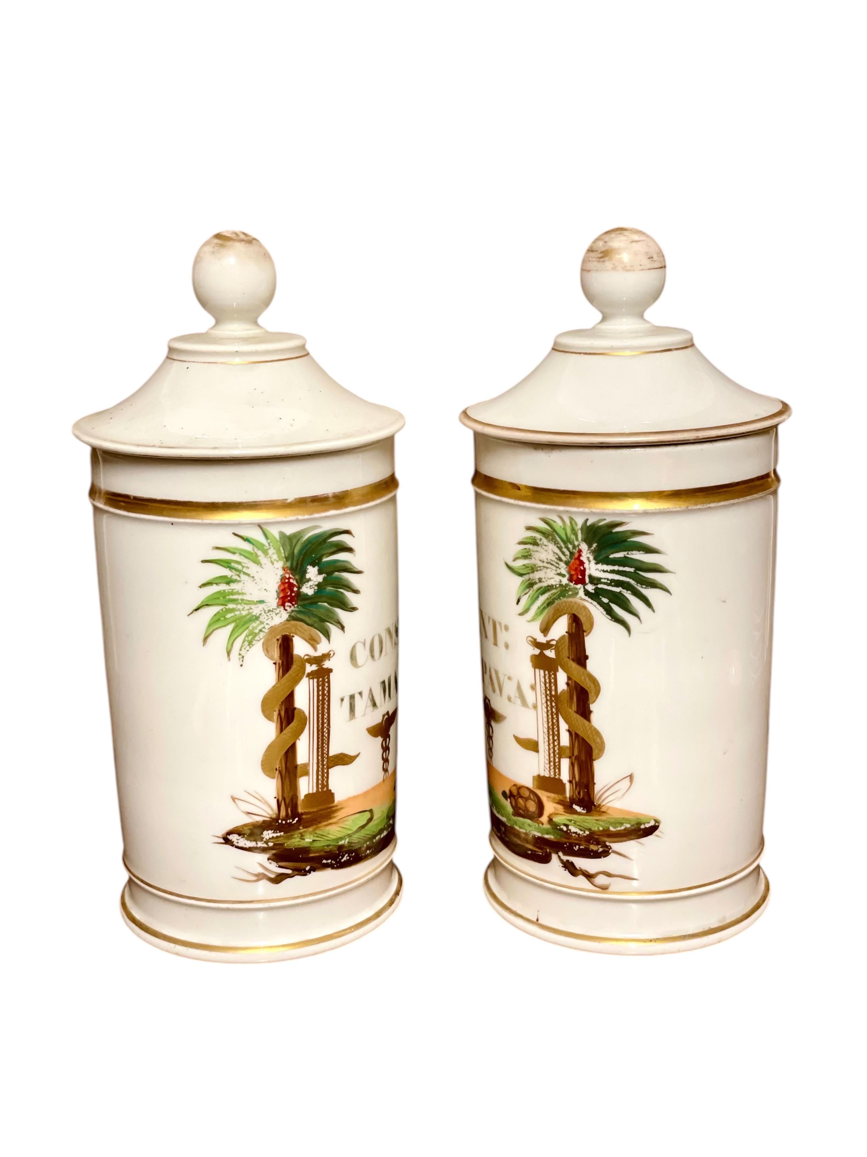Dorato Pair of 19th Century French Porcelain Apothecary Lidded Jars in vendita