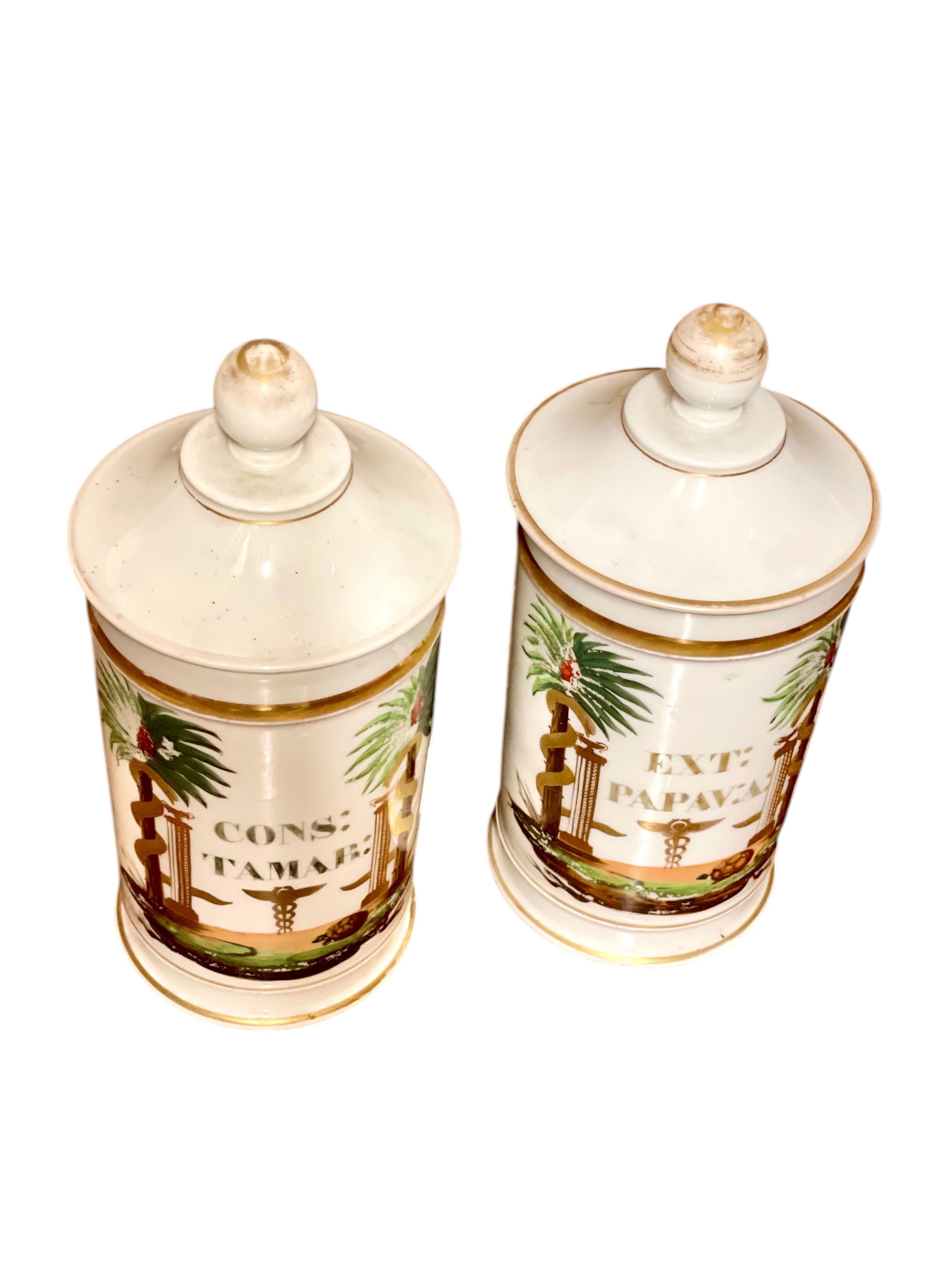 Pair of 19th Century French Porcelain Apothecary Lidded Jars In condizioni buone in vendita a LA CIOTAT, FR