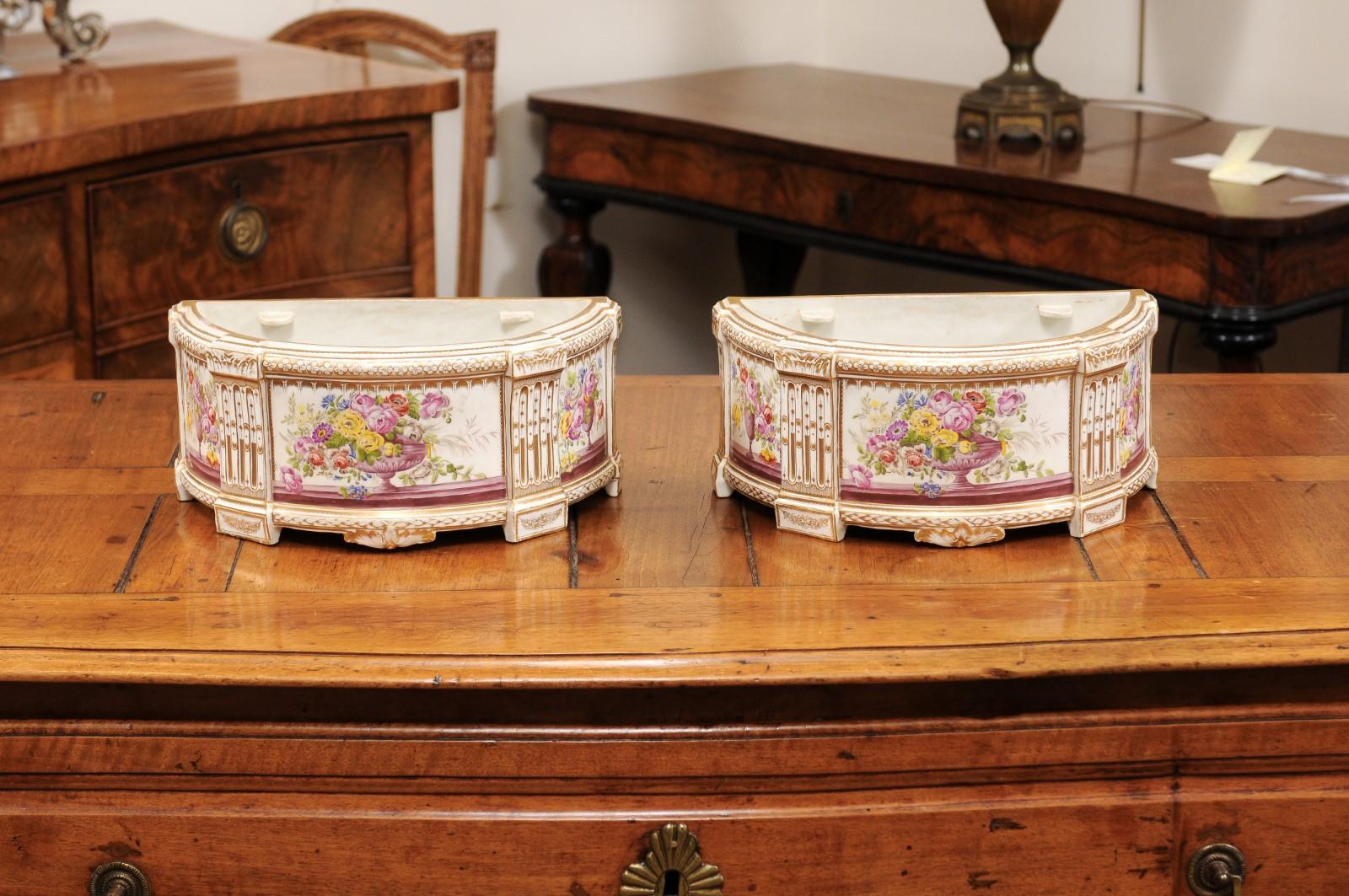 Pair of 19th Century French Porcelain Bough Pots with Gilt & Floral Accents For Sale 3