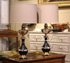 Pair of 19th Century French Porcelain Brass and Painted Glass Table Lamps