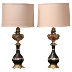 Pair of 19th Century French Porcelain Brass and Painted Glass Table Lamps