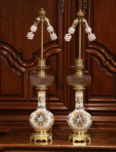 Pair of 19th Century French Porcelain Bronze and Cut Glass Oil Lamps from Gien