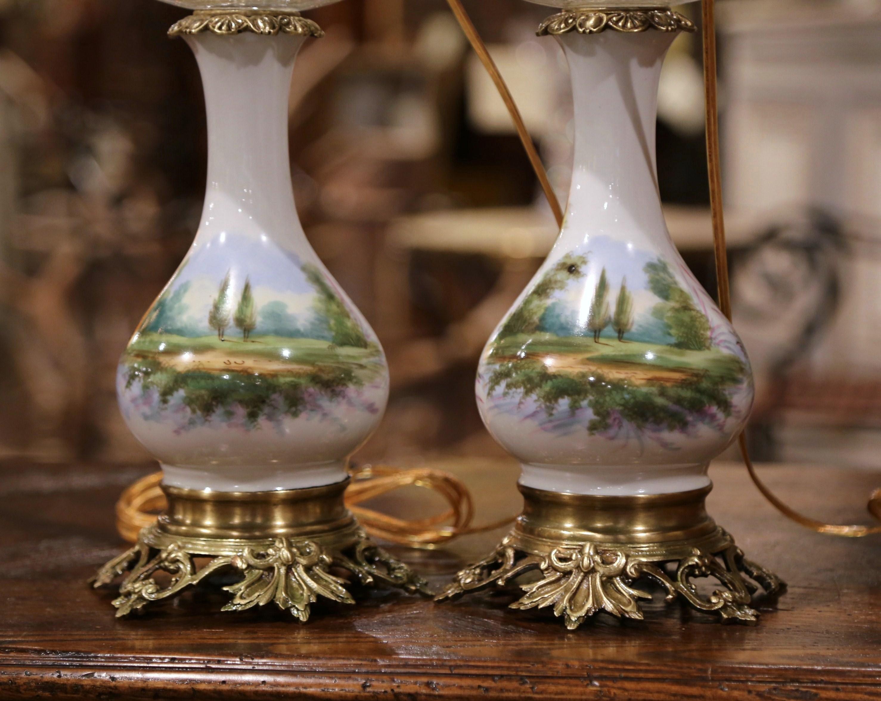 Pair of 19th Century French Porcelain, Bronze, Brass and Cut Glass Table Lamps 5