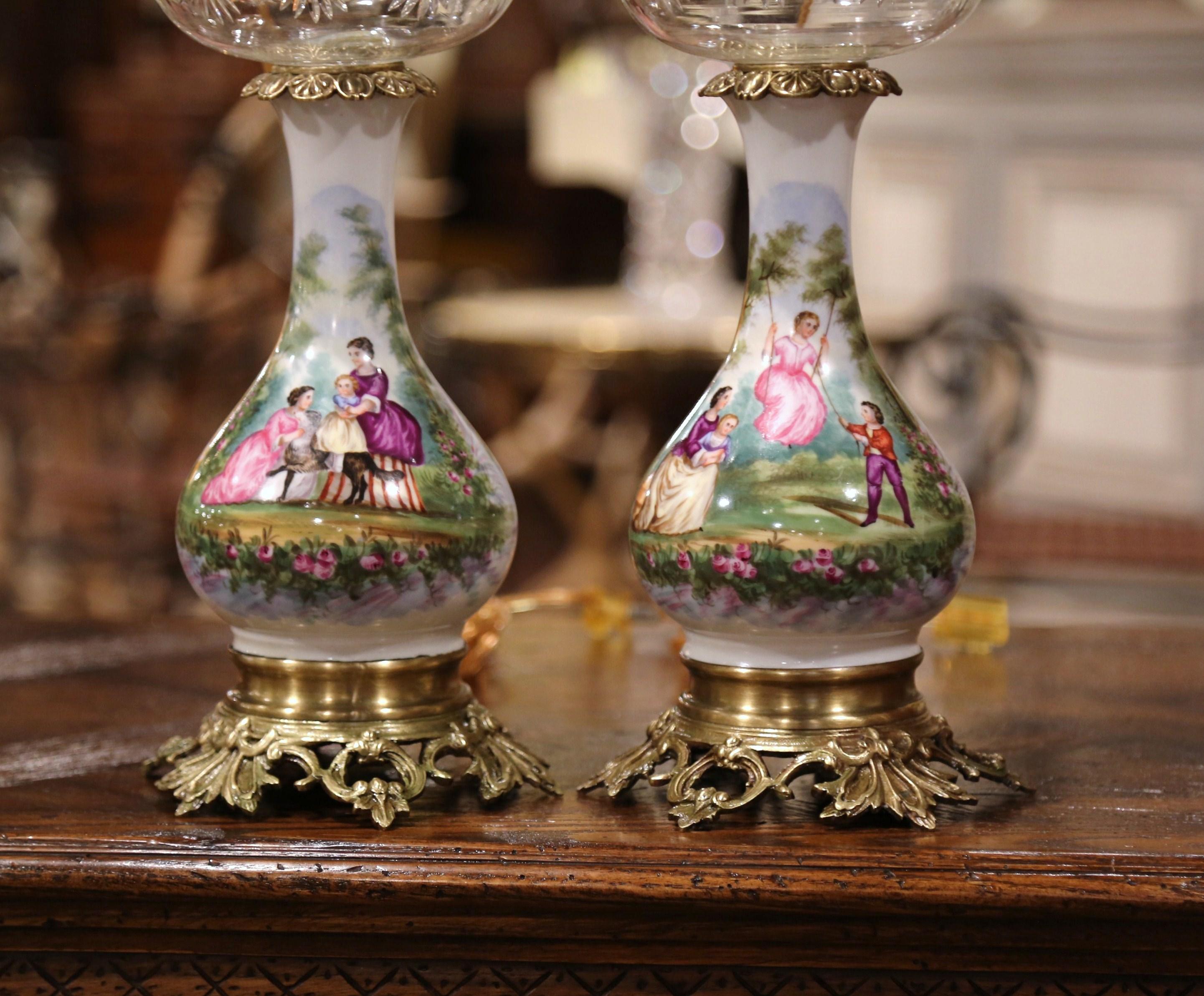 Napoleon III Pair of 19th Century French Porcelain, Bronze, Brass and Cut Glass Table Lamps