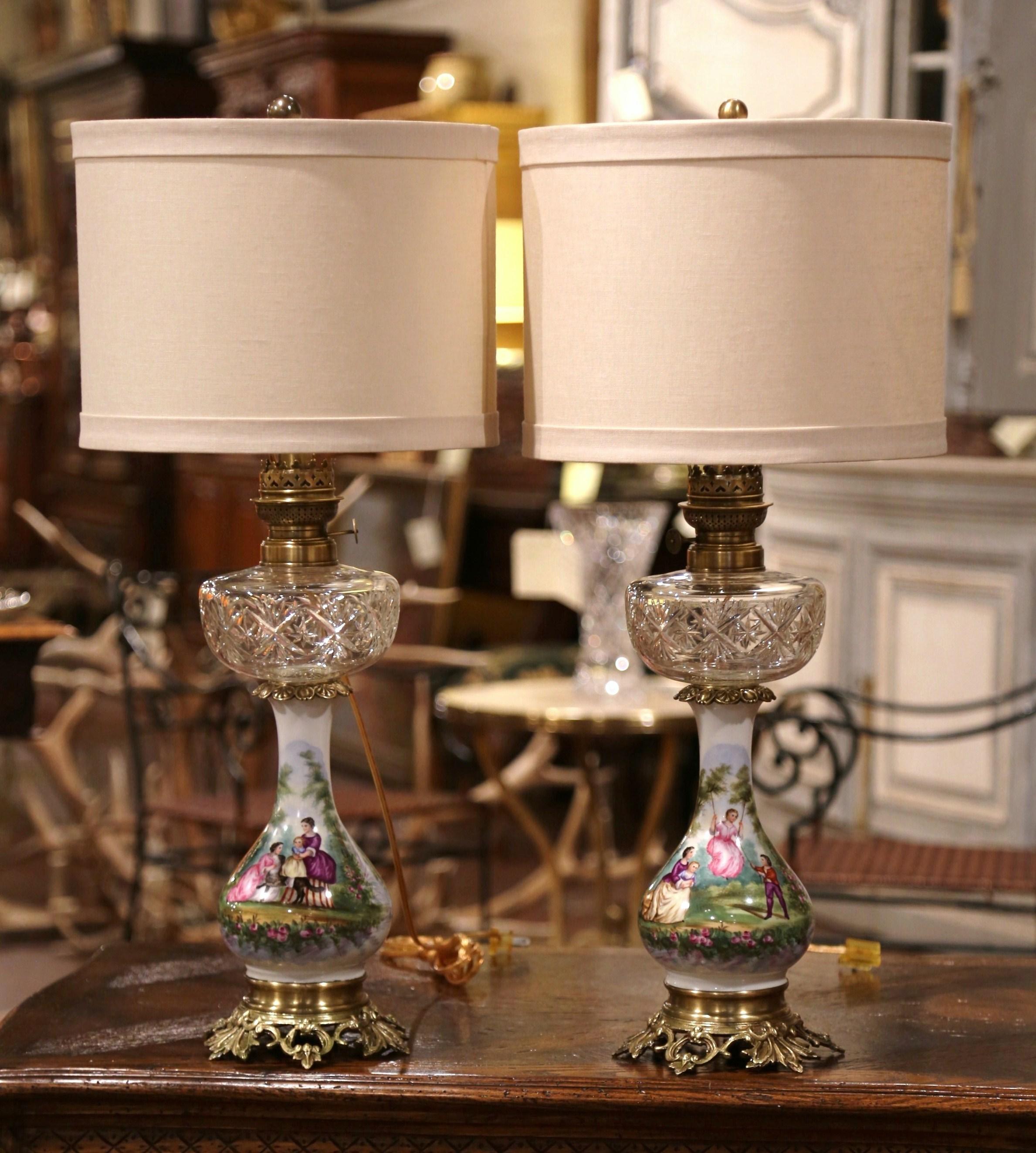 Pair of 19th Century French Porcelain, Bronze, Brass and Cut Glass Table Lamps In Excellent Condition In Dallas, TX