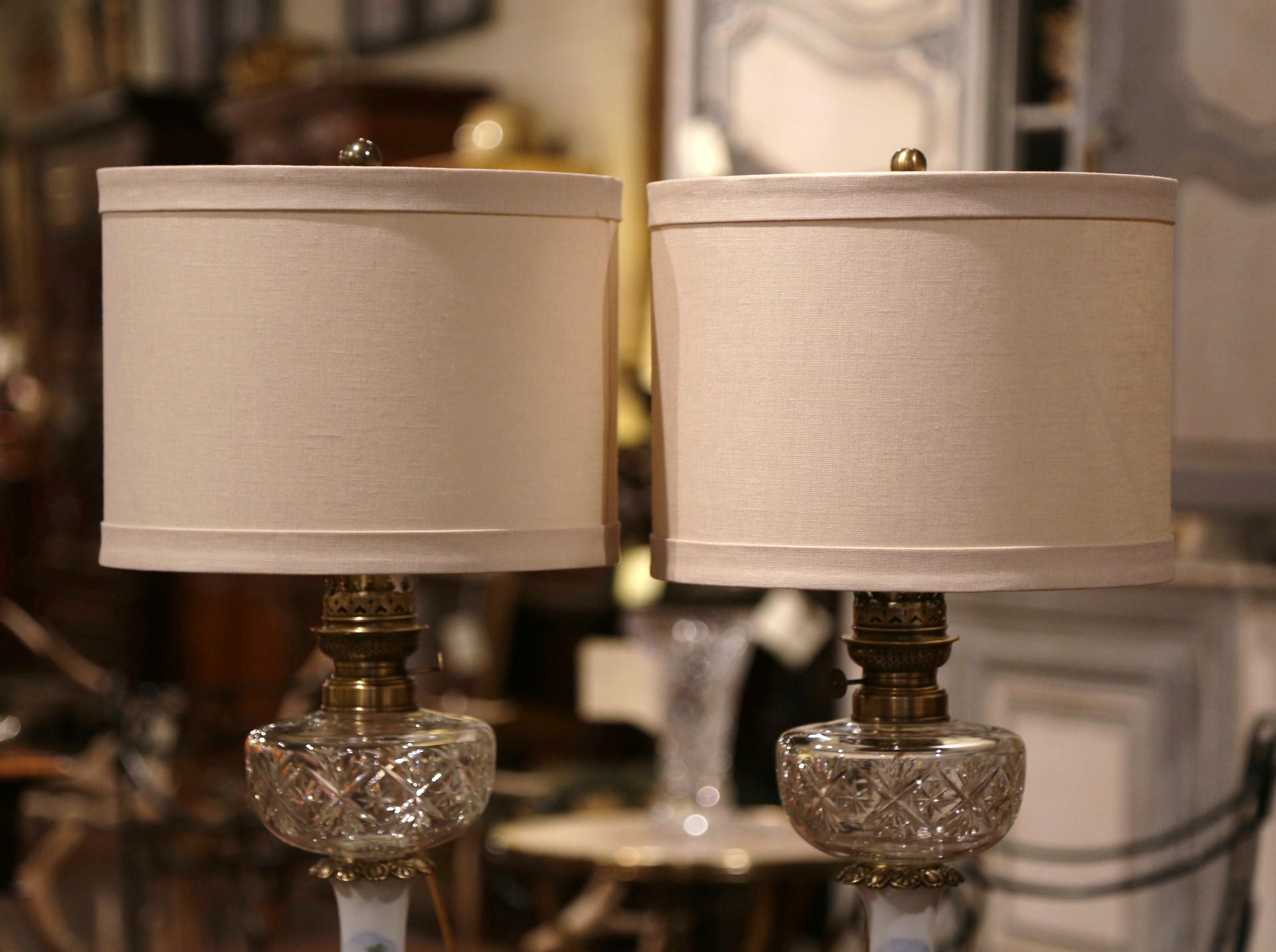 Pair of 19th Century French Porcelain, Bronze, Brass and Cut Glass Table Lamps 1