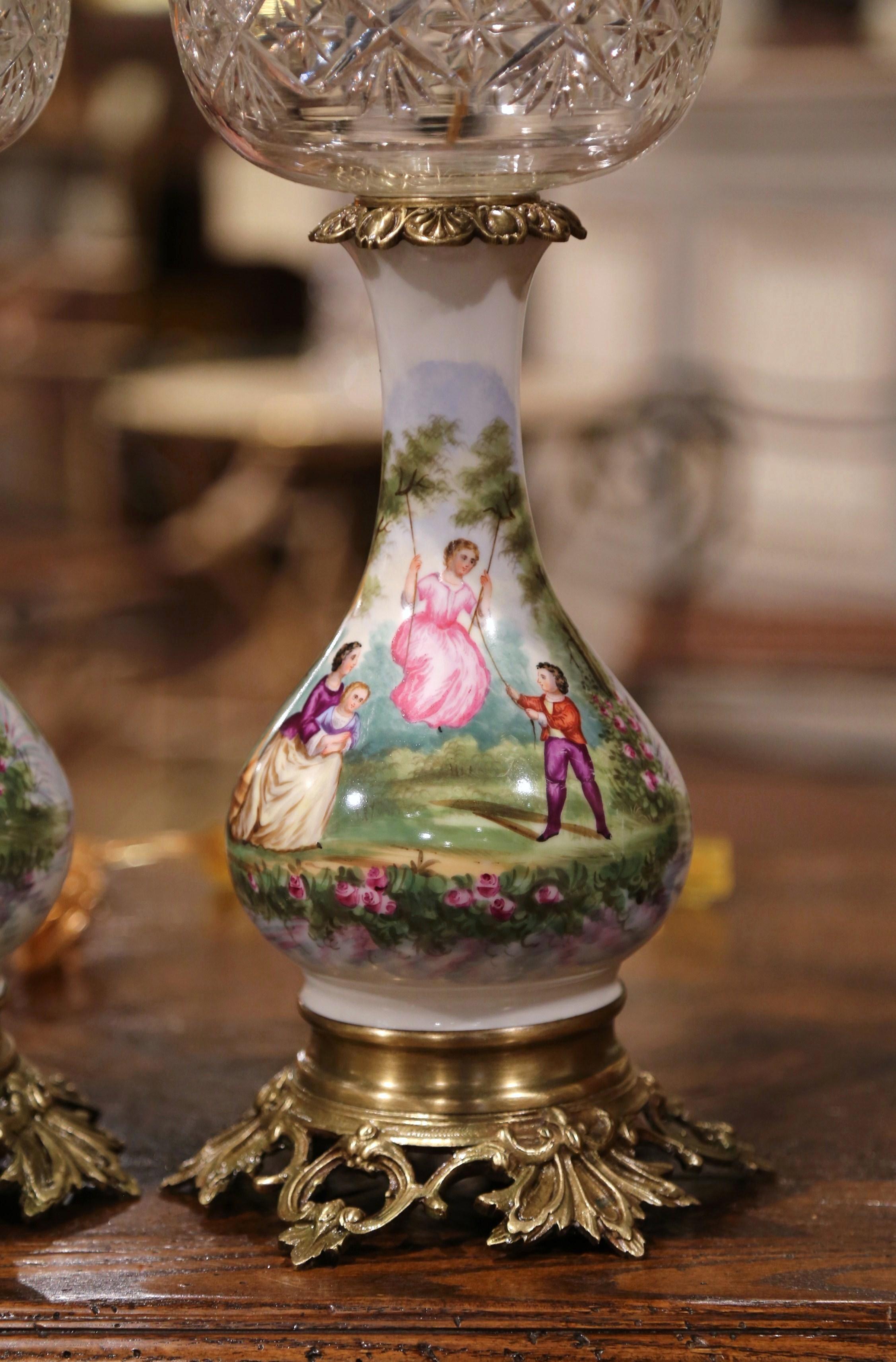 Pair of 19th Century French Porcelain, Bronze, Brass and Cut Glass Table Lamps 3