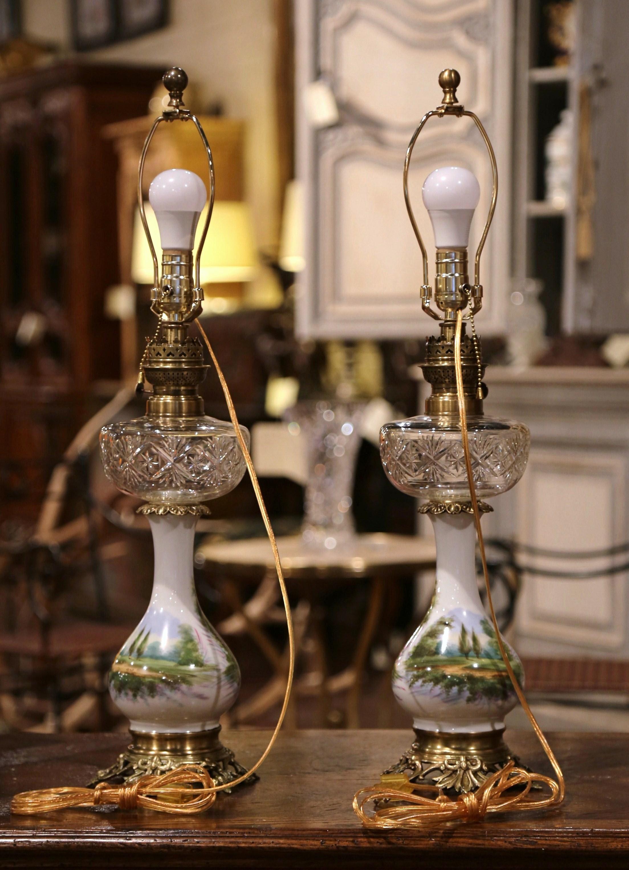 Pair of 19th Century French Porcelain, Bronze, Brass and Cut Glass Table Lamps 4