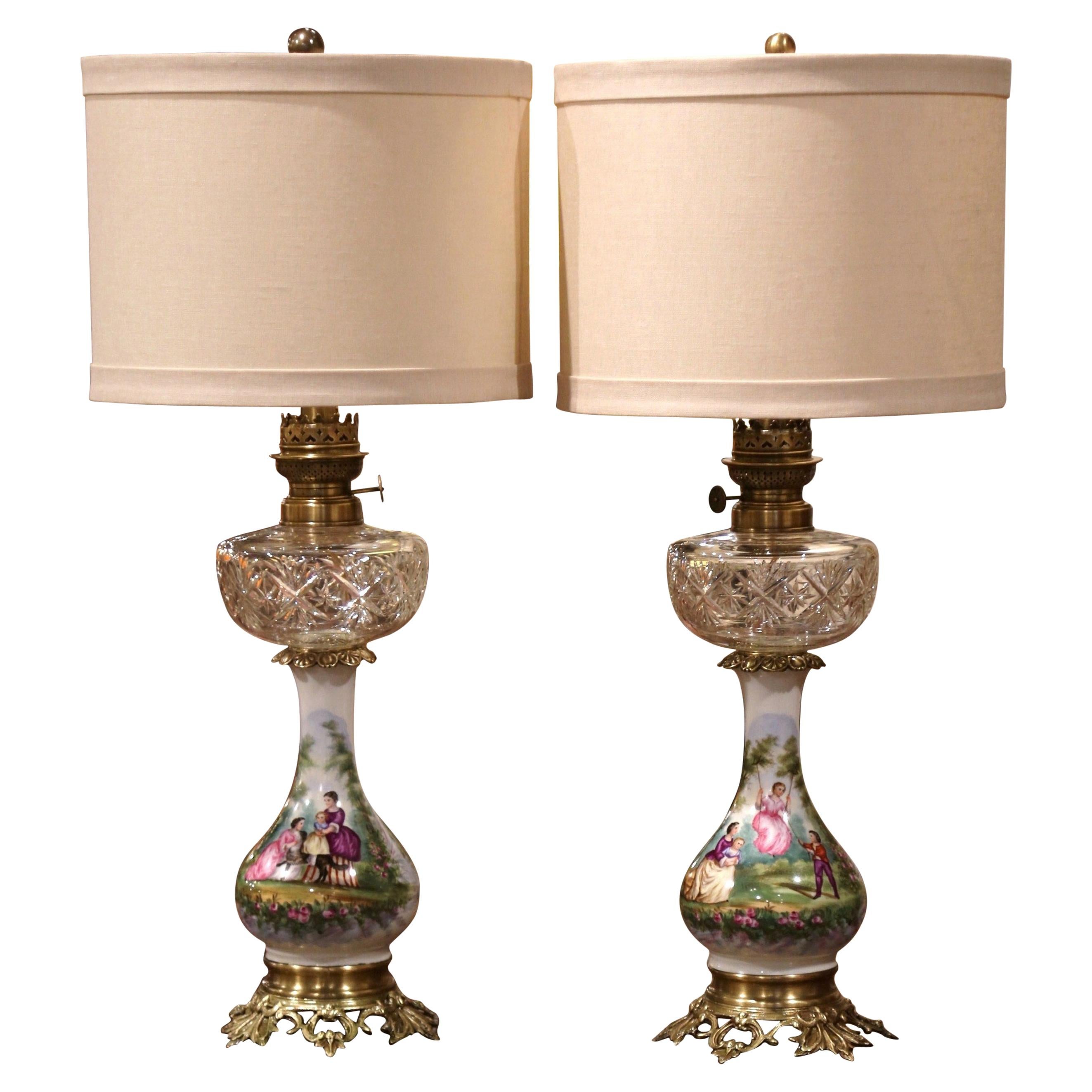Pair of 19th Century French Porcelain, Bronze, Brass and Cut Glass Table Lamps
