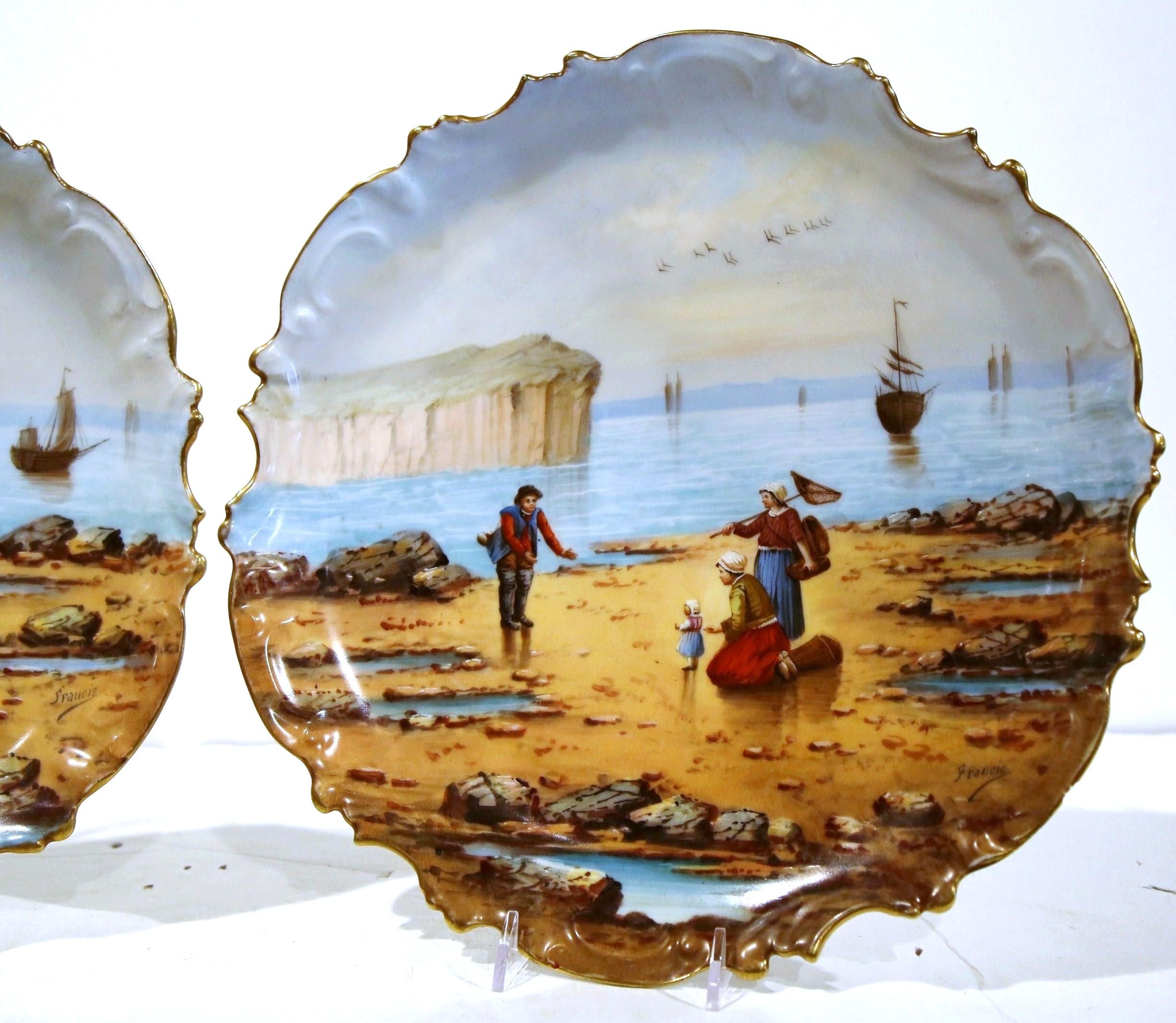 Gilt Pair of 19th Century French Porcelain Fishing Scenes Wall Plates Signed Francis For Sale