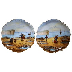 Antique Pair of 19th Century French Porcelain Fishing Scenes Wall Plates Signed Francis