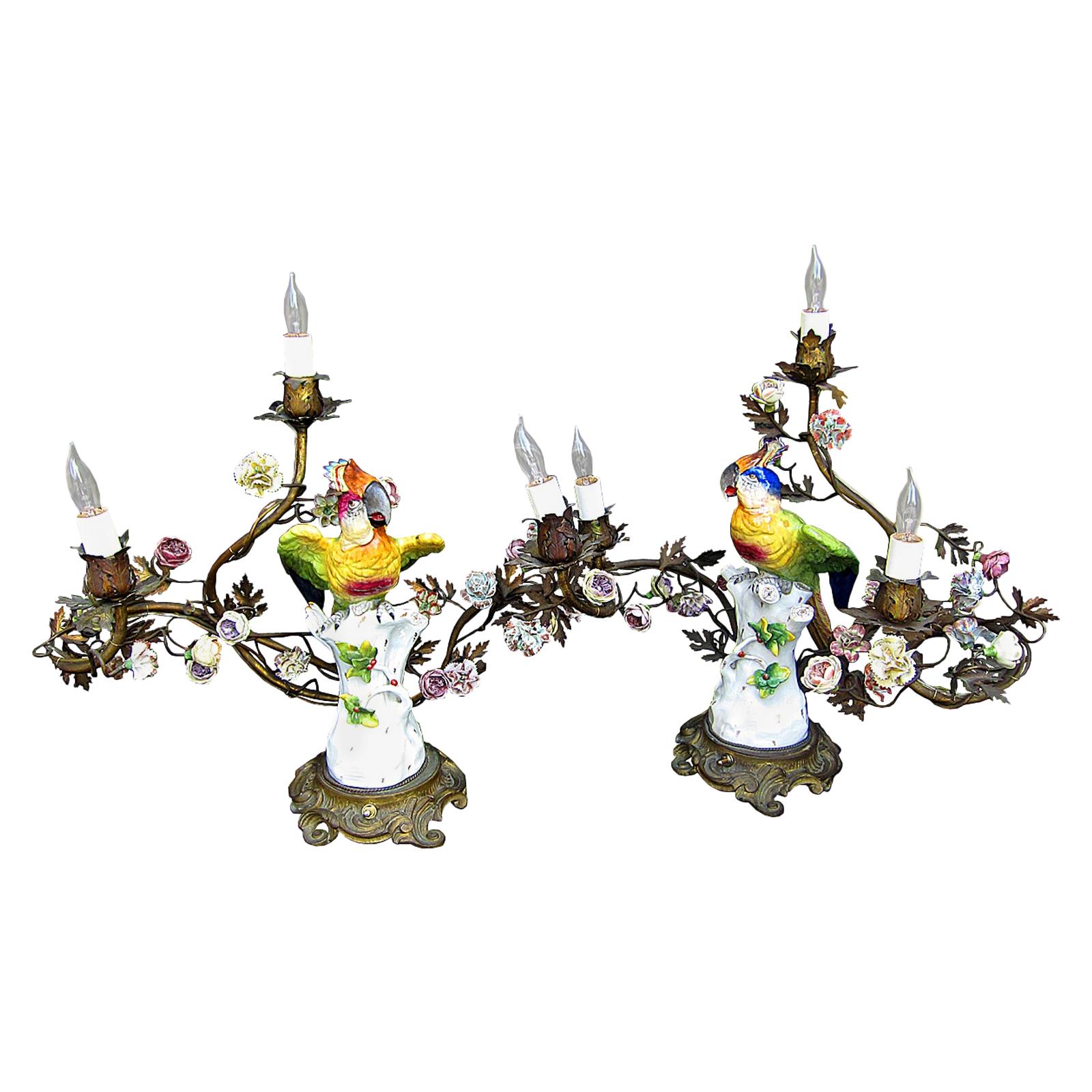 Pair of 19th Century French Porcelain Parrot and Floral Lamps For Sale