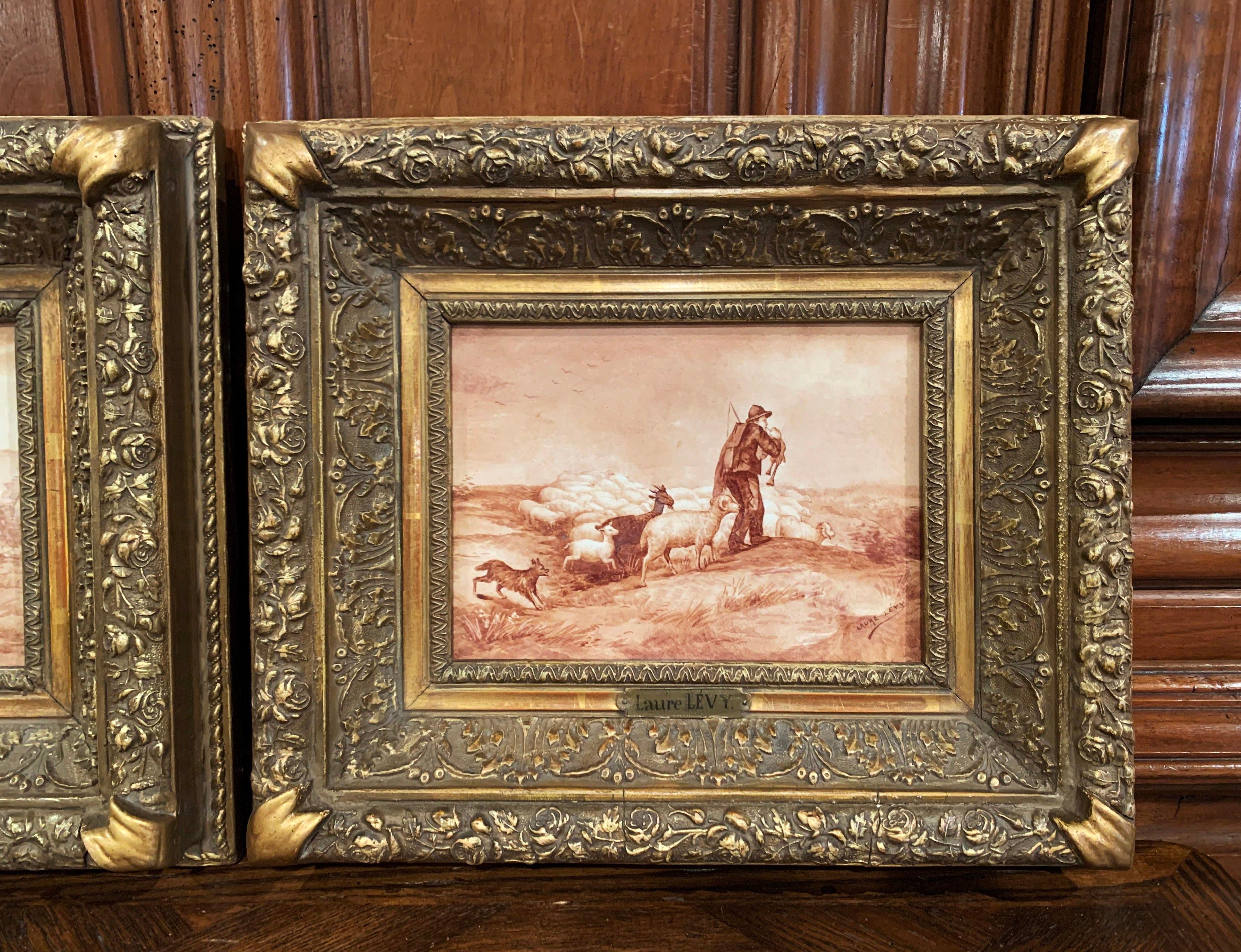 Pair of 19th Century French Porcelain Plaques in Gilt Frames Signed L. Levy In Excellent Condition For Sale In Dallas, TX