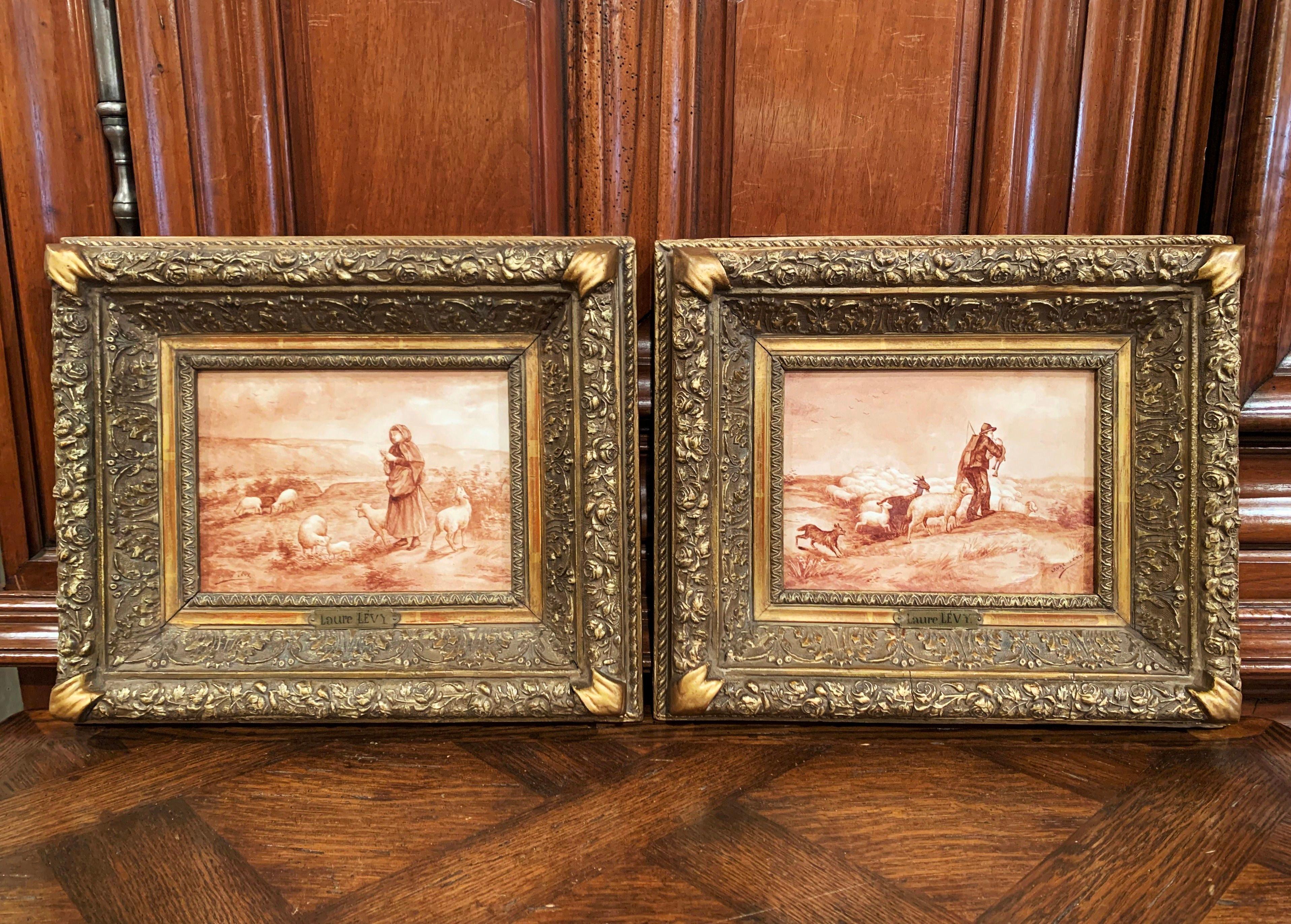 Pair of 19th Century French Porcelain Plaques in Gilt Frames Signed L. Levy For Sale 2