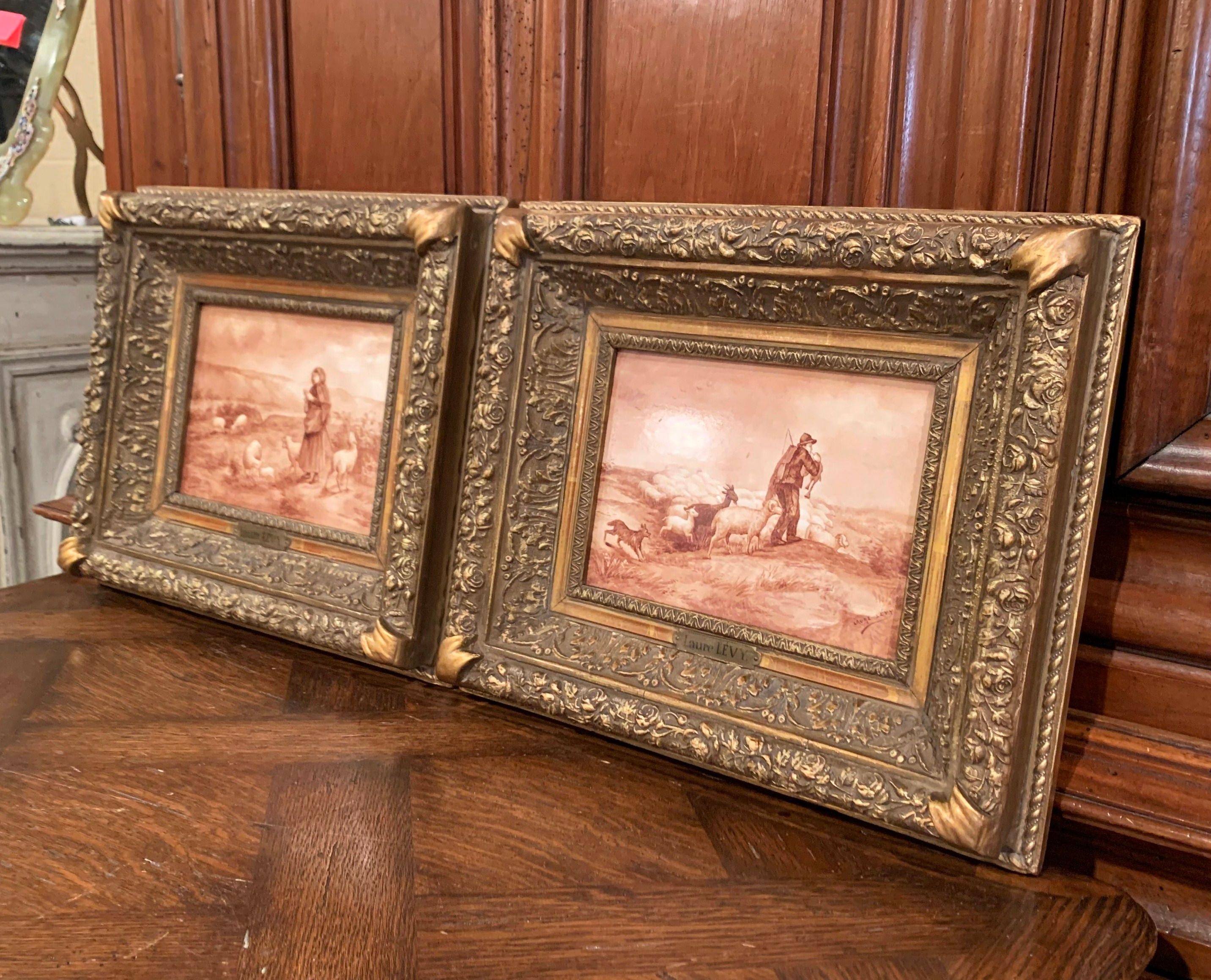 Pair of 19th Century French Porcelain Plaques in Gilt Frames Signed L. Levy For Sale 5