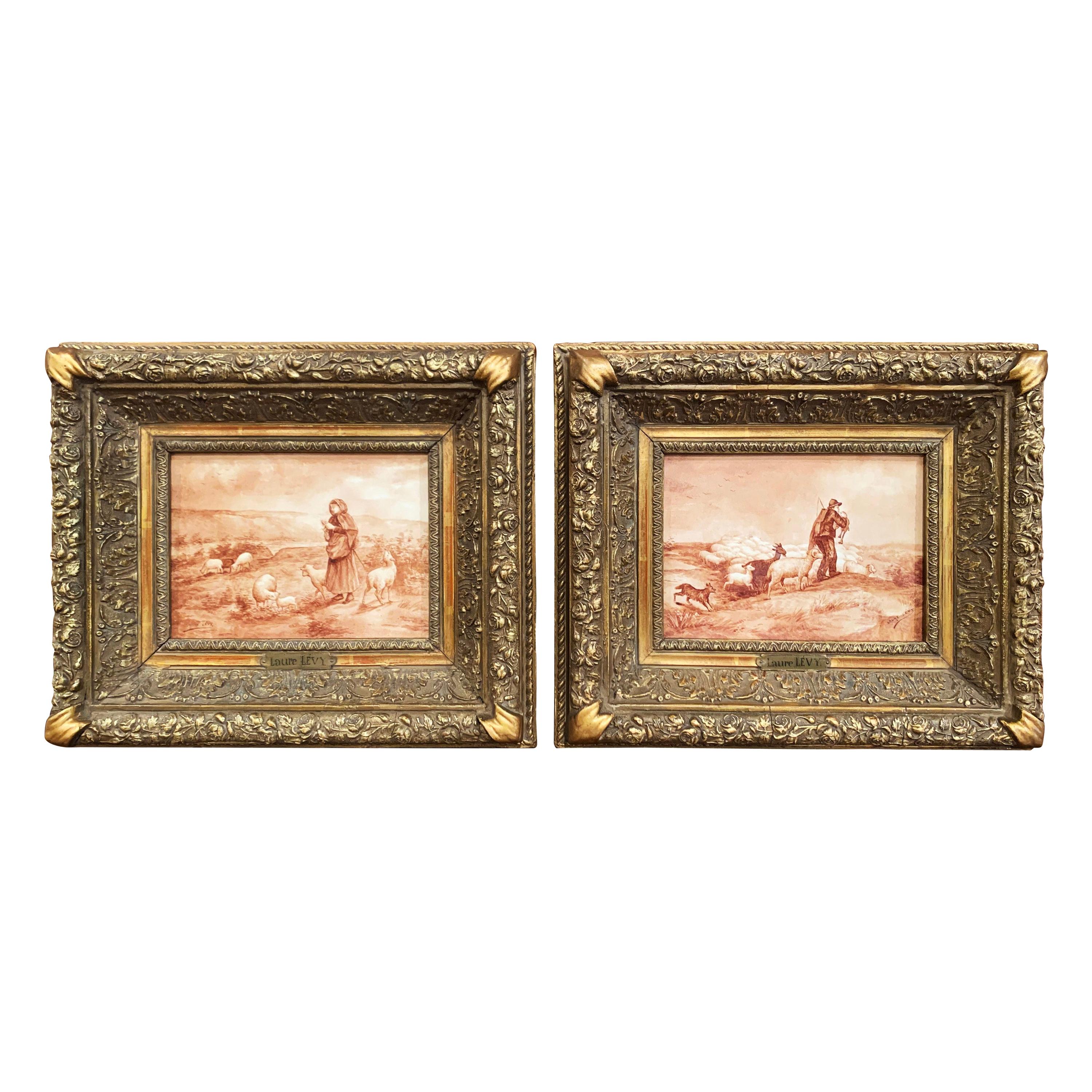 Pair of 19th Century French Porcelain Plaques in Gilt Frames Signed L. Levy