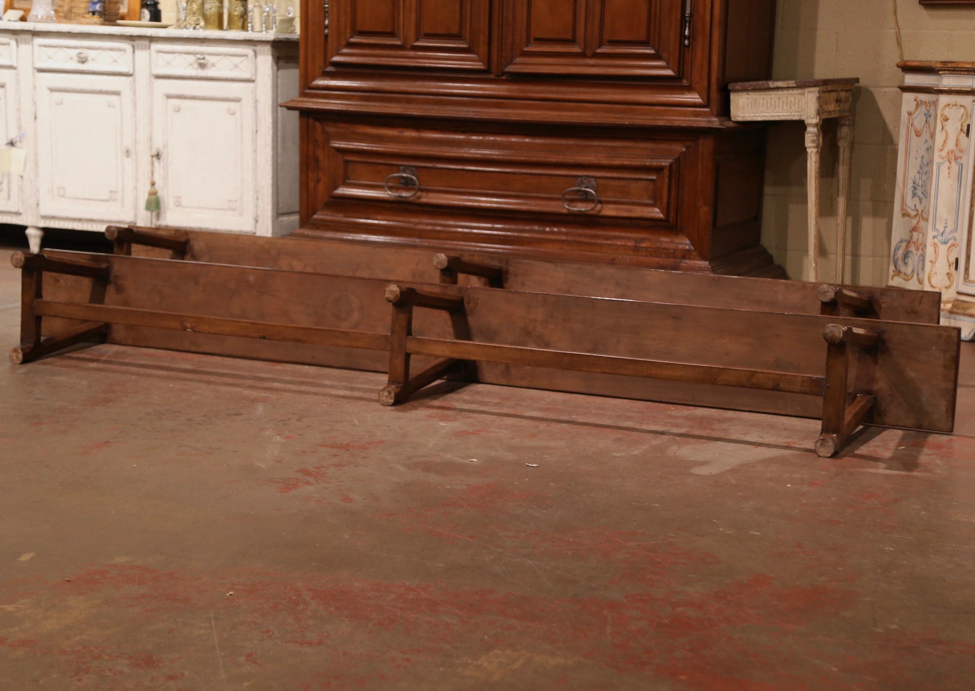 Pair of 19th Century French Provincial Carved Cherry Three-Leg Trestle Benches For Sale 1