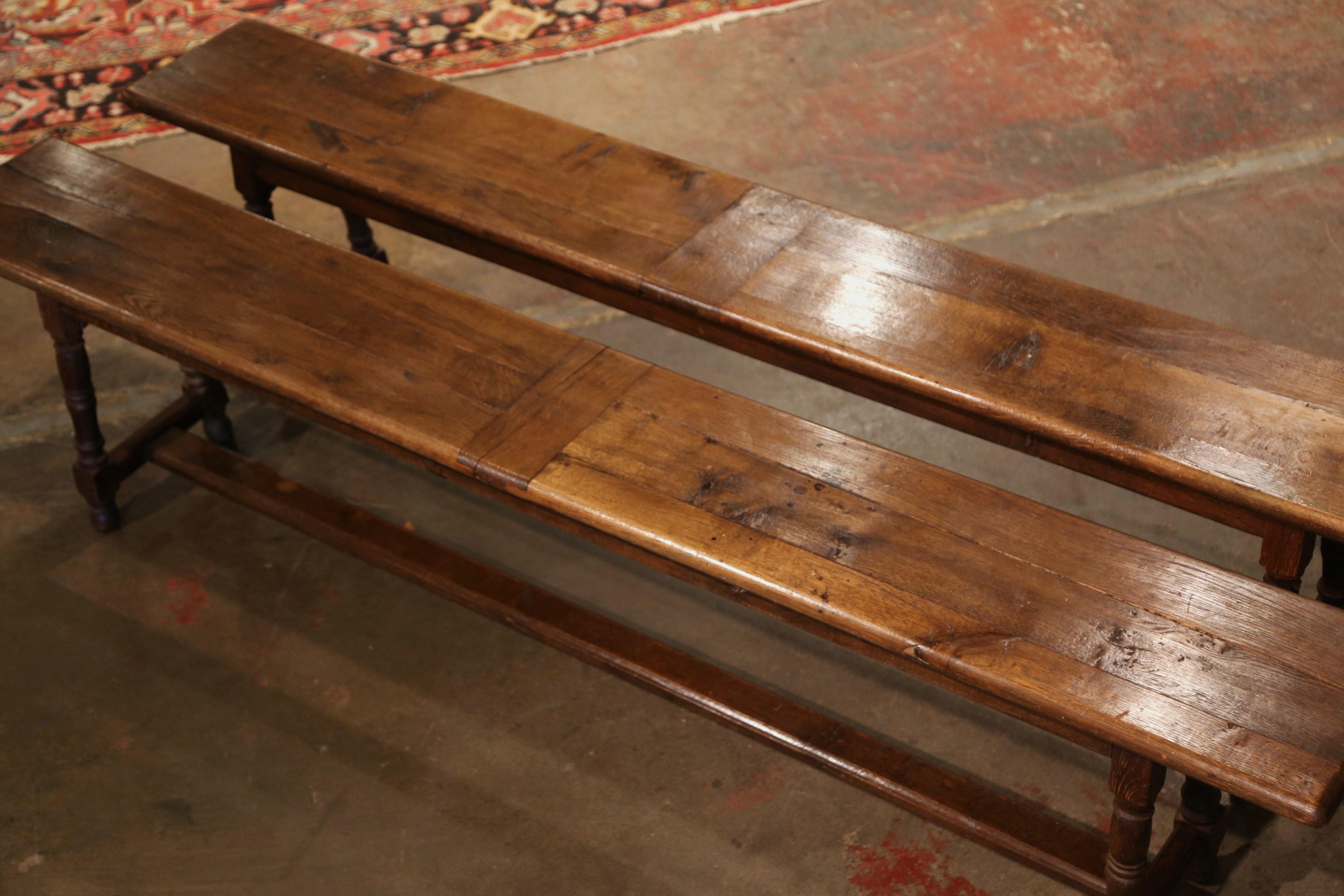 Country Pair of 19th Century French Provincial Carved Oak Benches on Trestle Bases