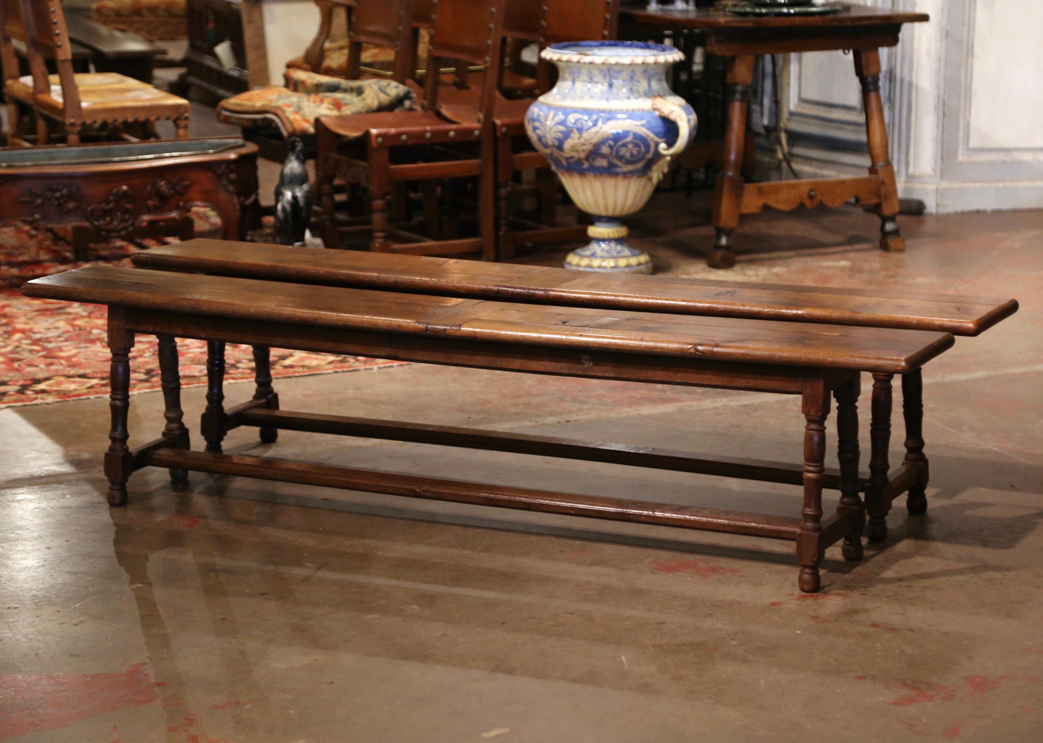 Pair of 19th Century French Provincial Carved Oak Benches on Trestle Bases In Excellent Condition In Dallas, TX