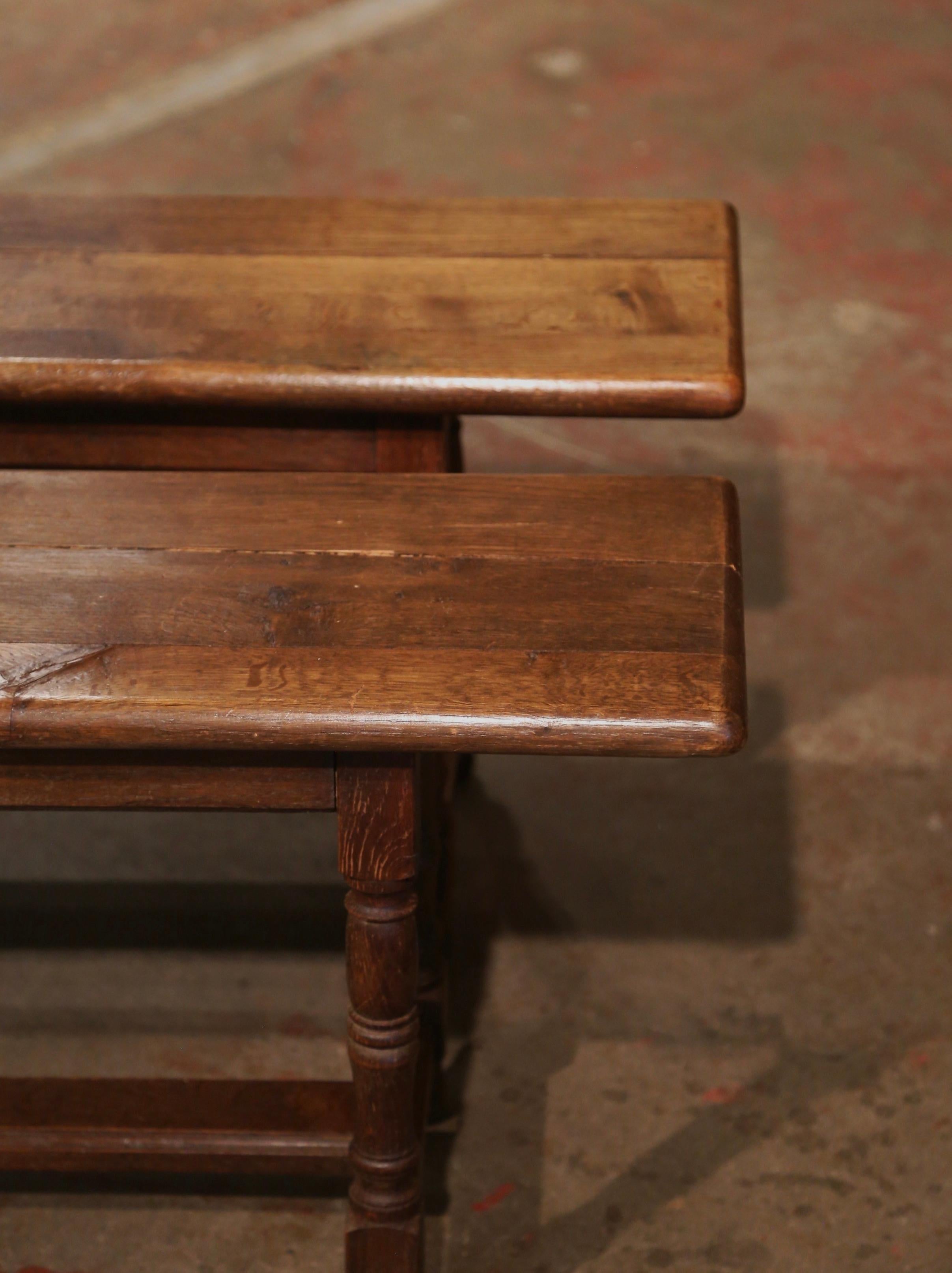 Pair of 19th Century French Provincial Carved Oak Benches on Trestle Bases 3