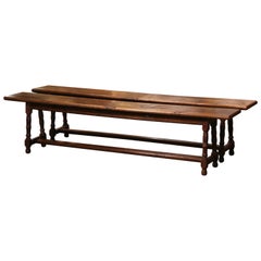 Pair of 19th Century French Provincial Carved Oak Benches on Trestle Bases