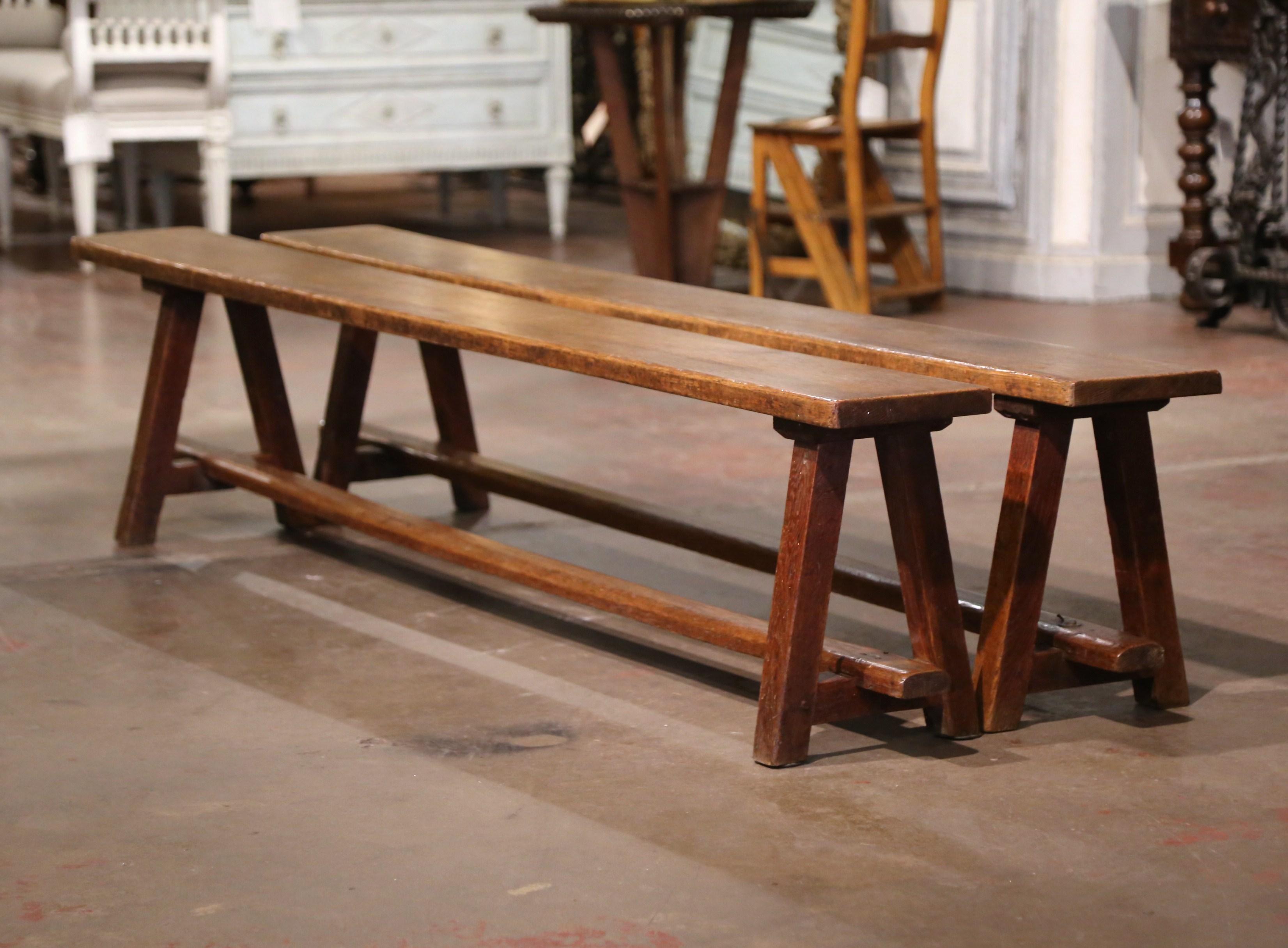 Country Pair of 19th Century French Provincial Carved Oak Trestle Benches from Normandy