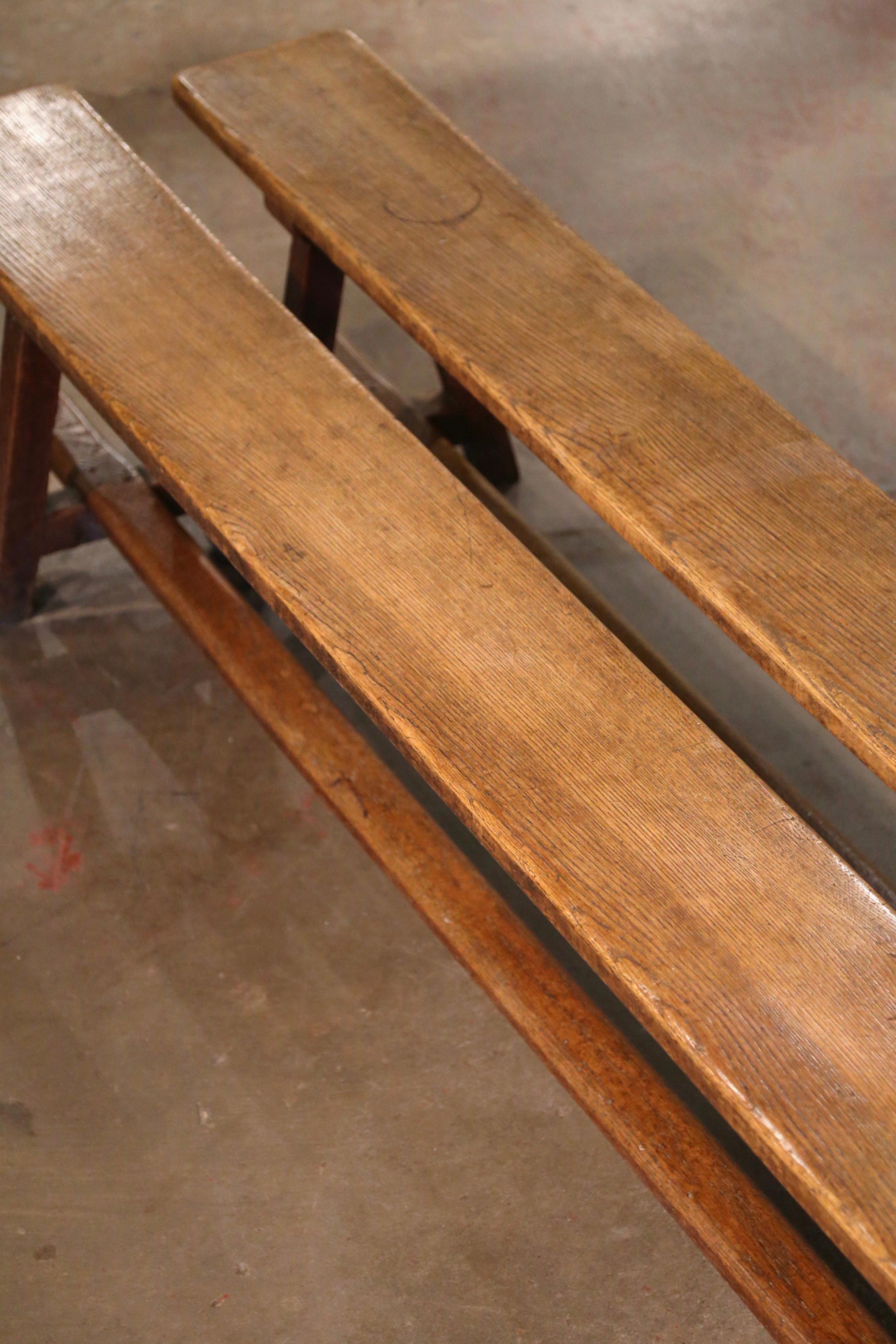 Pair of 19th Century French Provincial Carved Oak Trestle Benches from Normandy 4